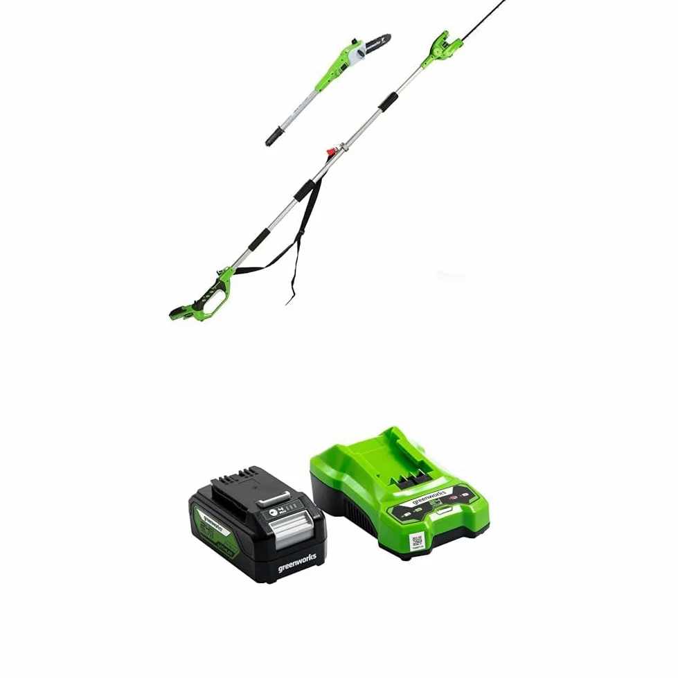 Greenworks 24V Élagueuse et 51 cm Taille Haie à Batterie sur Perche 2 en 1 avec Bandoulière, Tronçonneuse 20 cm, Lames Double Action, Batterie 4Ah et Chargeur, Garantie 3 Ans G24PSHK4