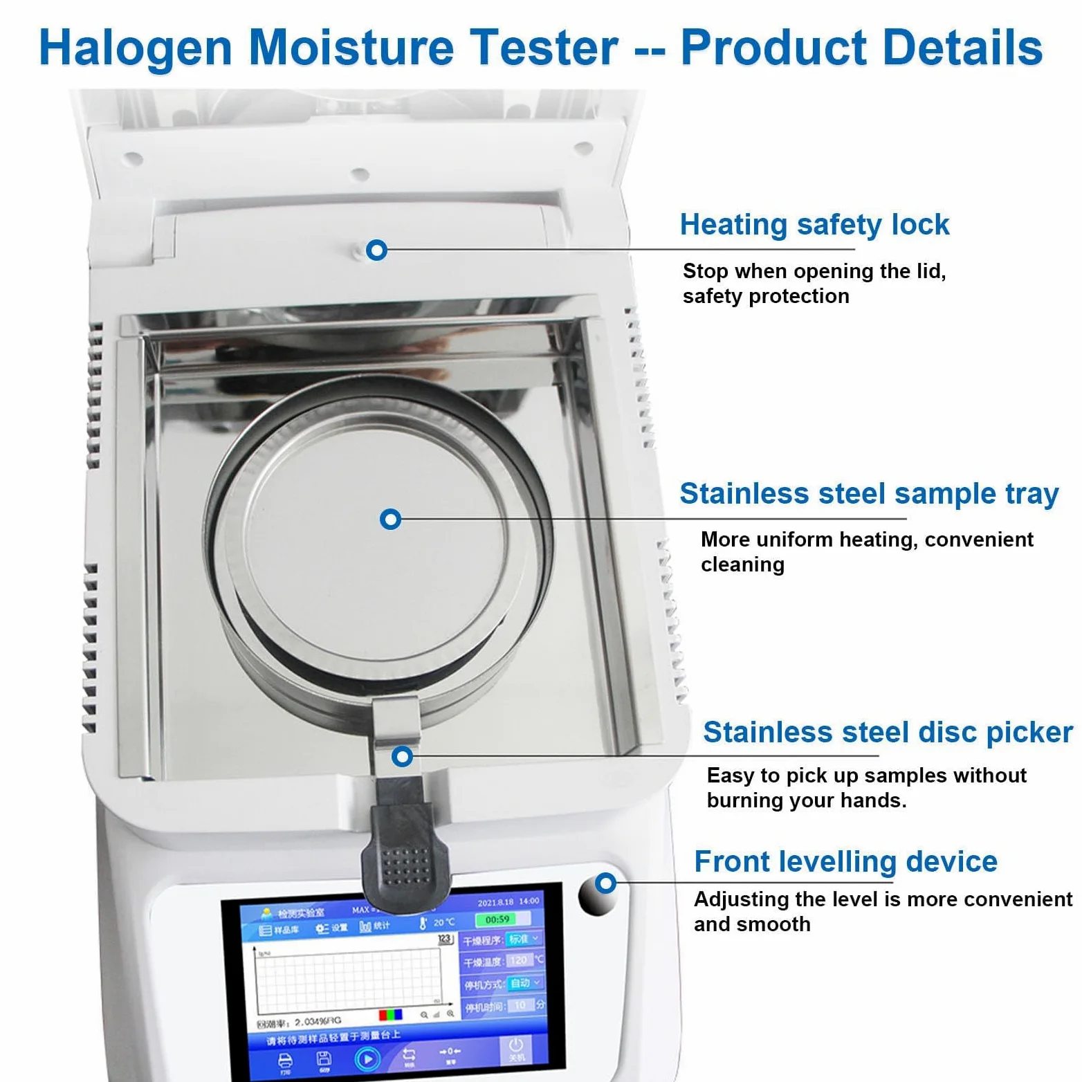 Humidimètre halogène portable, analyseur d'humidité pour un test rapide dans les aliments, les plantes et les matériaux de construction, lisibilité de 0,01 %, 3 modes de séchage, 3 options d'arrêt