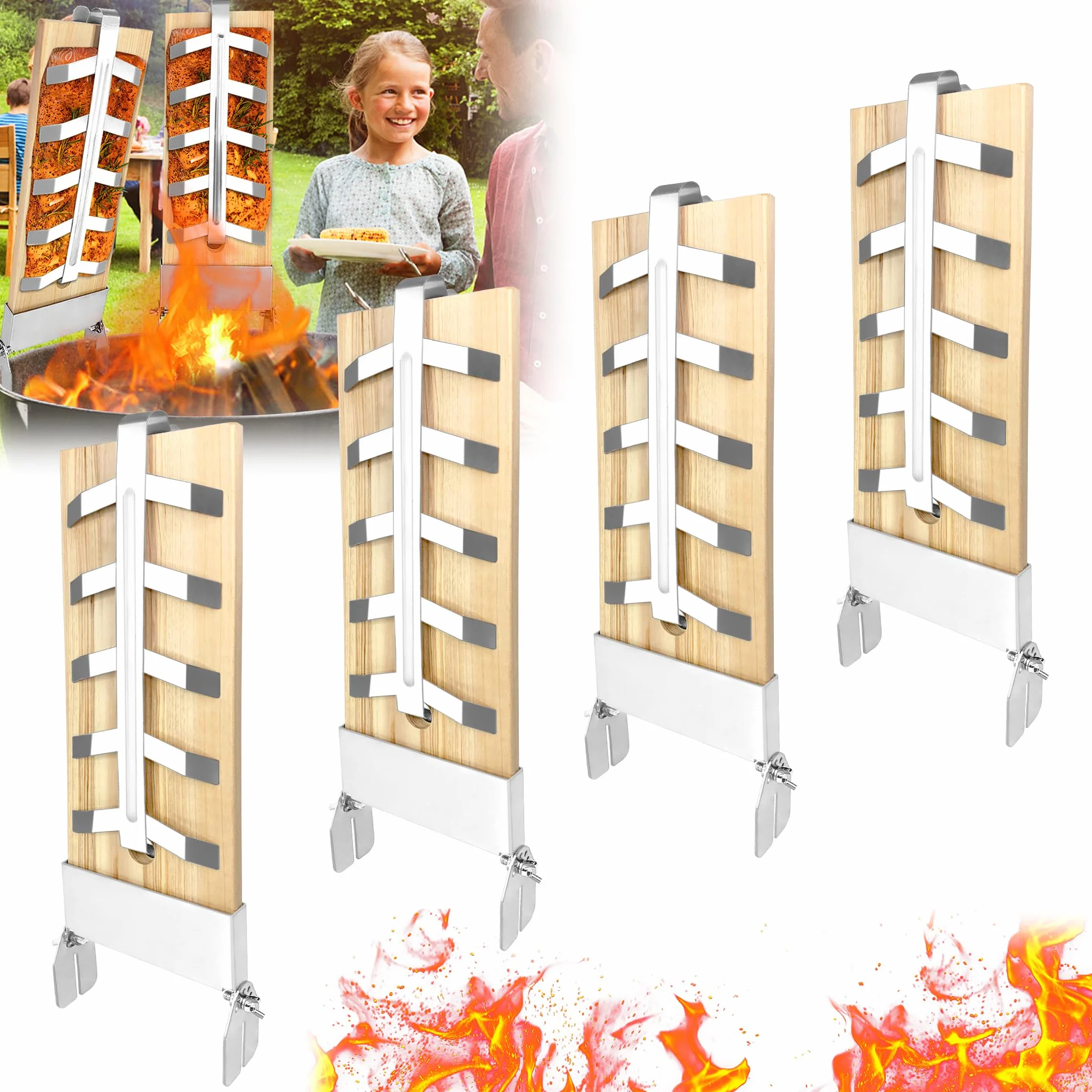 LZQ Lot de 4 planches à saumon flambé avec support en acier inoxydable 5 niveaux réglables