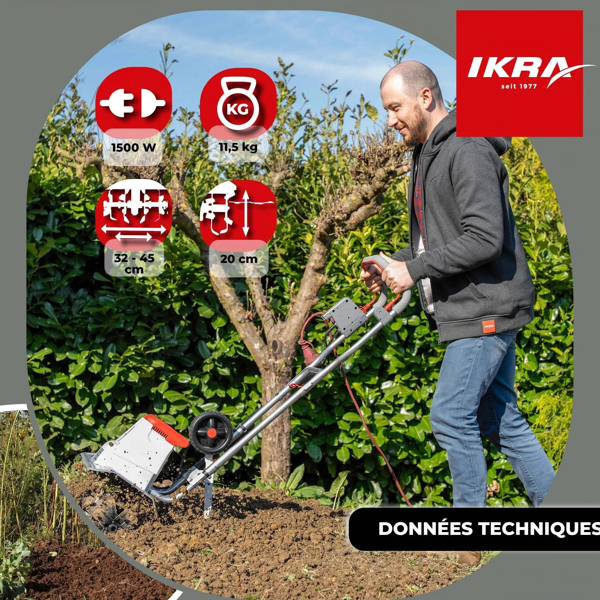 IKRA motoculteur électrique IEM 1500, Largeur réglable 32 et 45 cm | 1500 W, profondeur de travail 20 cm, talon de frein, roue de transport, pliable, protection contre les surcharges