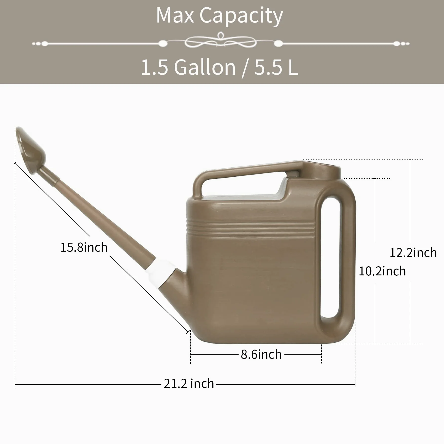 Arrosoir de 5,5 gallons pour plantes d'extérieur et d'intérieur, grand arrosoir de jardin léger et capacité de 5,5 L, arrosoir en plastique avec long bec et tête d'arrosage amovible en métal, gris