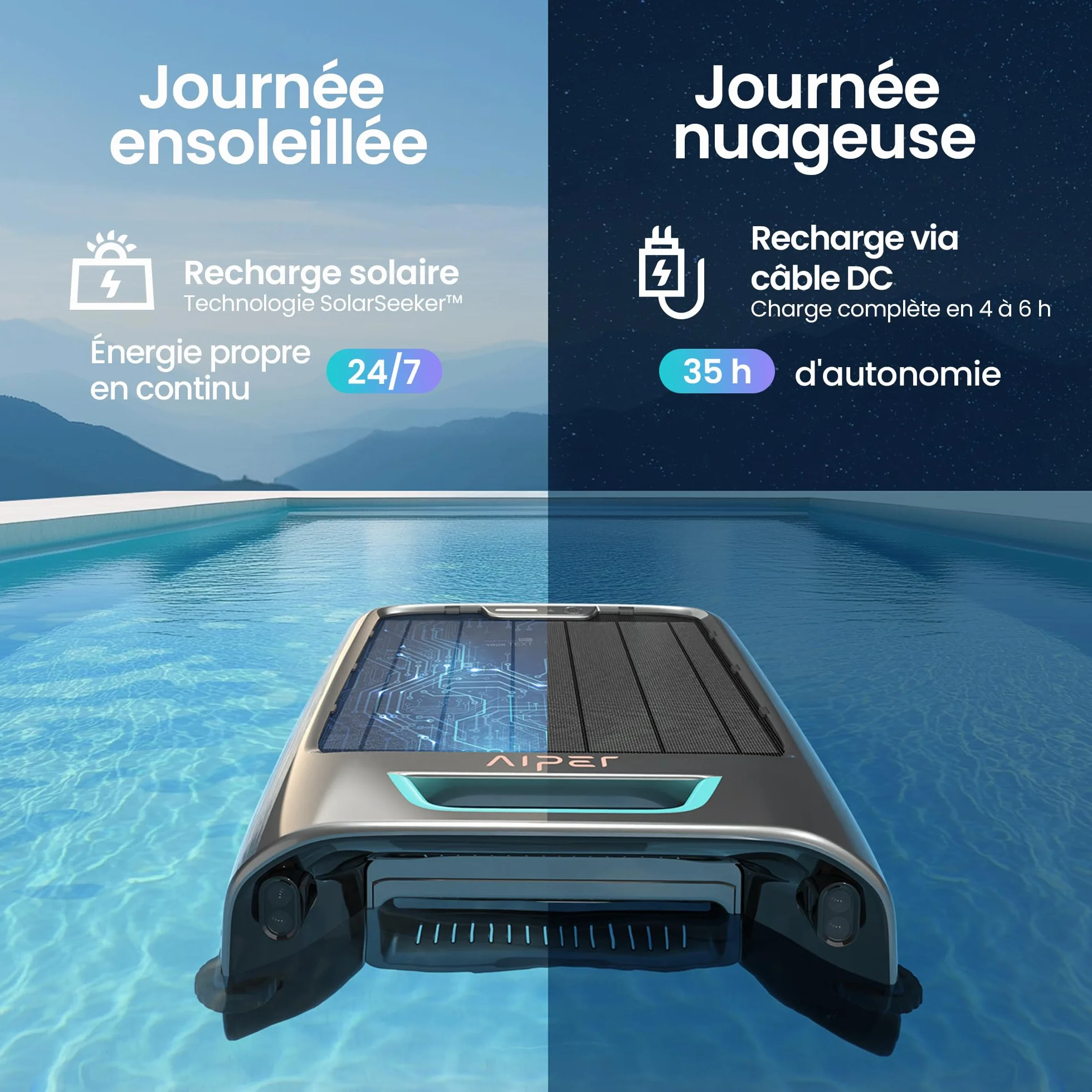 AIPER EcoSurfer S2 Robot Skimmer de Piscine Solaire, sans Fil, Application, Nettoyage Surface 24/7, Filtre 150 µm