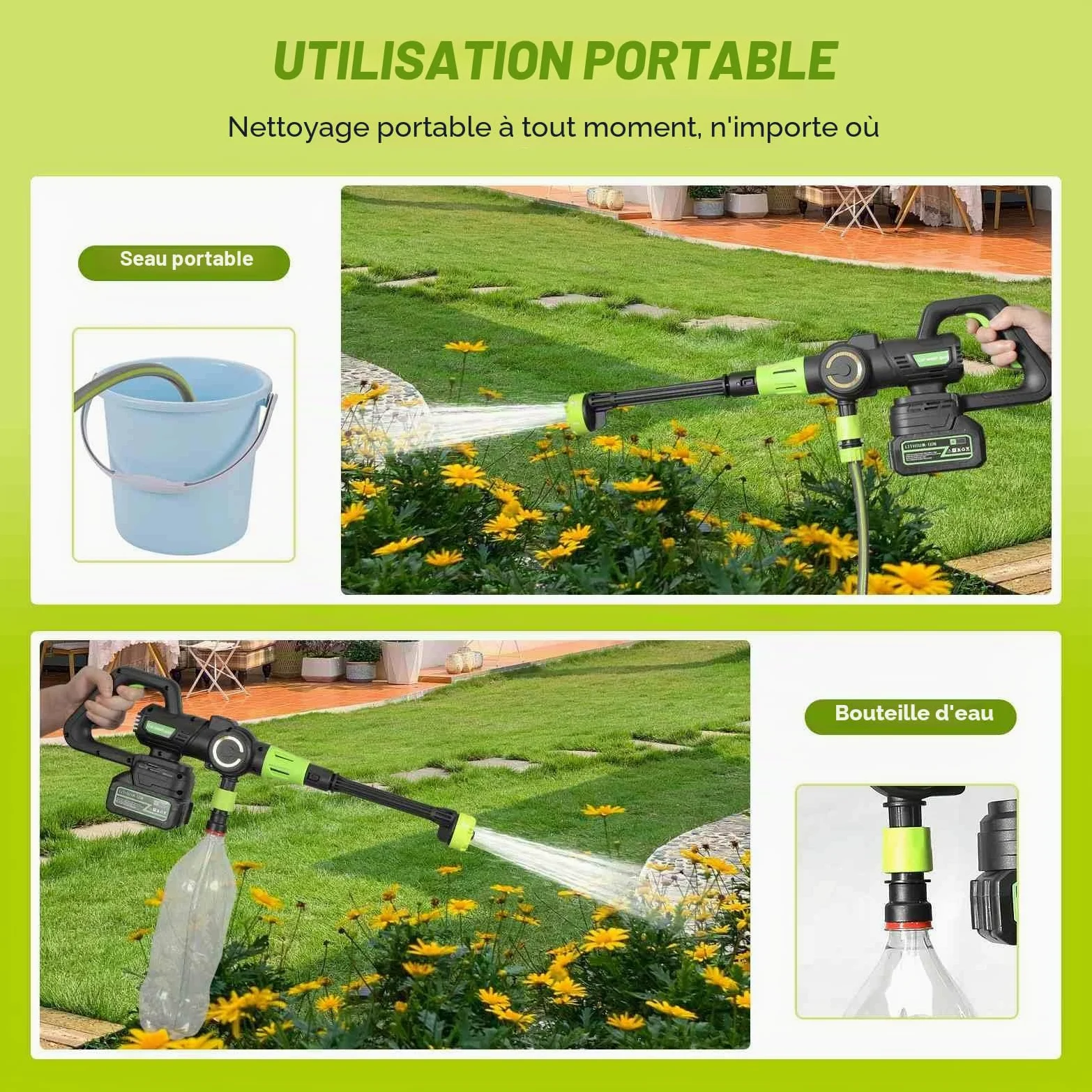 Nettoyeur Haute Pression sans Fil, Pressure Washer 3 Modes Max 120 Bars, Nettoyeur Haute Pression Portable avec 2 Batteries 3,0 Ah, Buse Réglable 6 en 1, Tuyau de 5 M, Nettoyage et Arrosage (Vert)