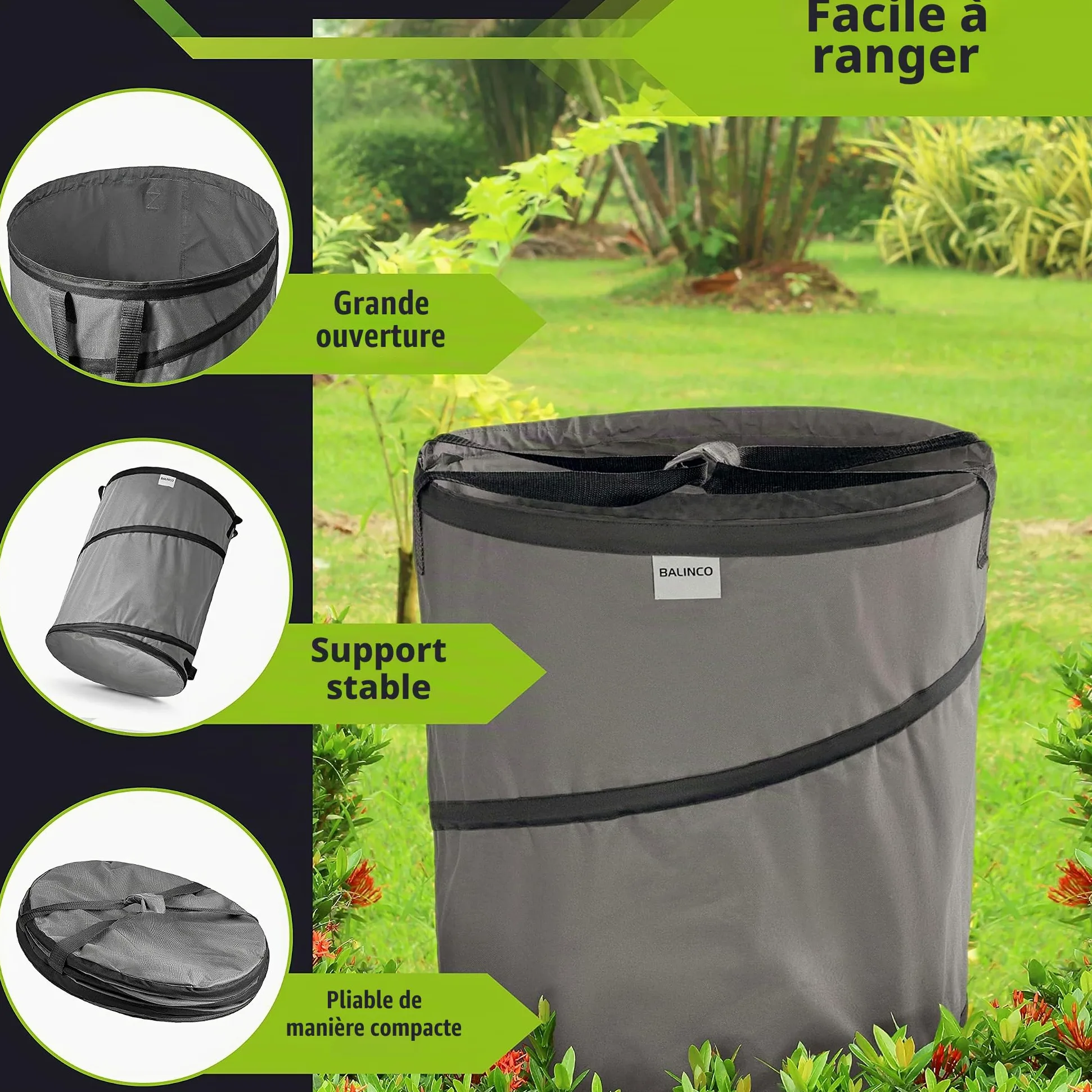 3x Sacs de jardin gris autoportant & stable 170 litres - Sac à déchets & feuilles - polyester résistant 22