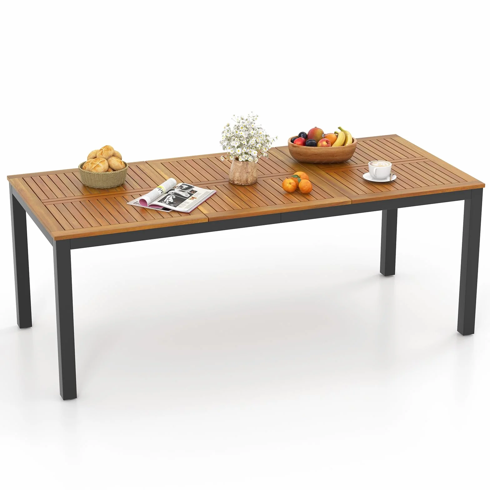 COSTWAY Table de Jardin 200 CM 8 Personnes, Table Exterieur en Bois d’Acacia avec Trou de Parasol, Pieds Métal