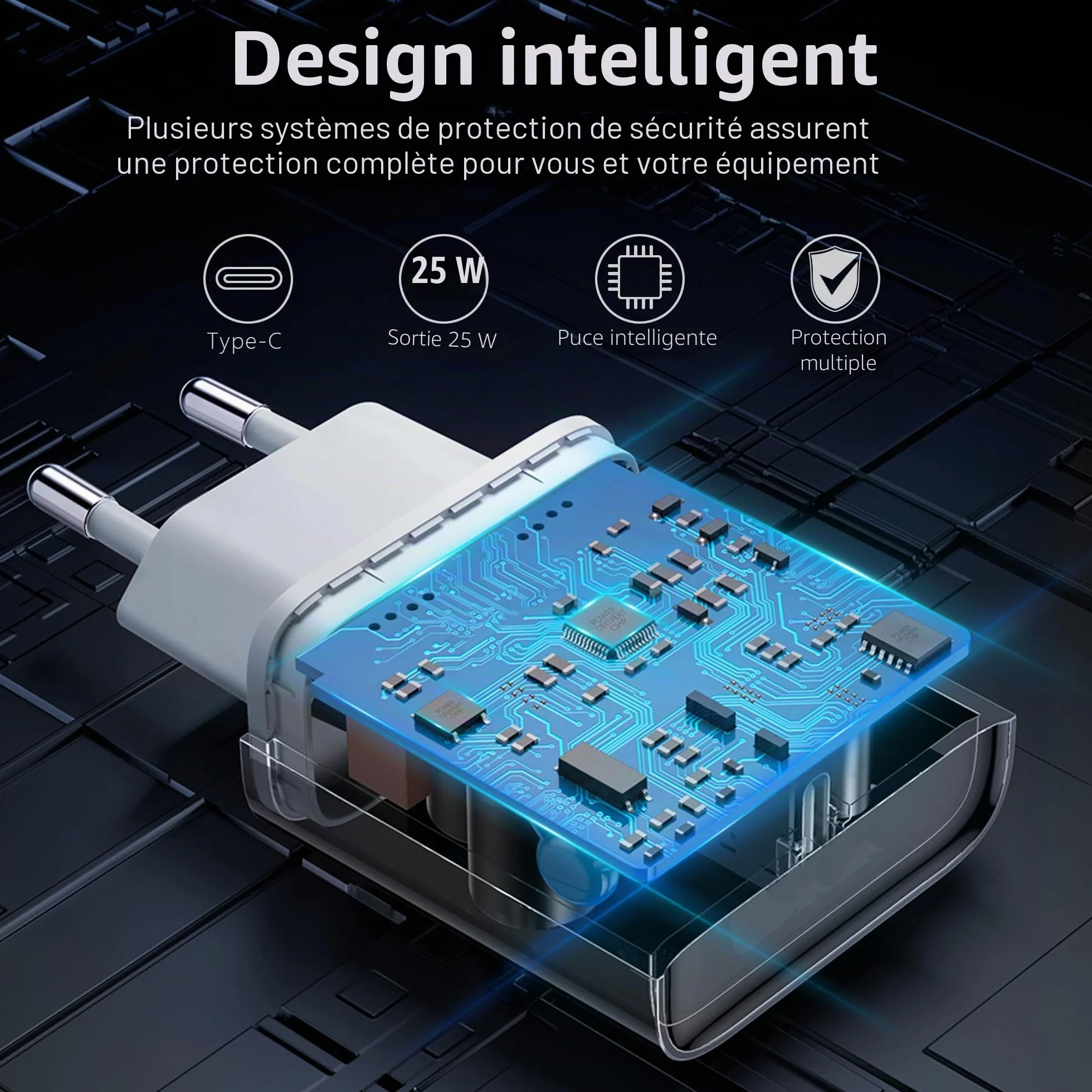 Chargeur Rapide 25W USB C Ecowaare pour iPhone 14 13 12 11 X SE 8 7 6 iPad avec Câble 2M
