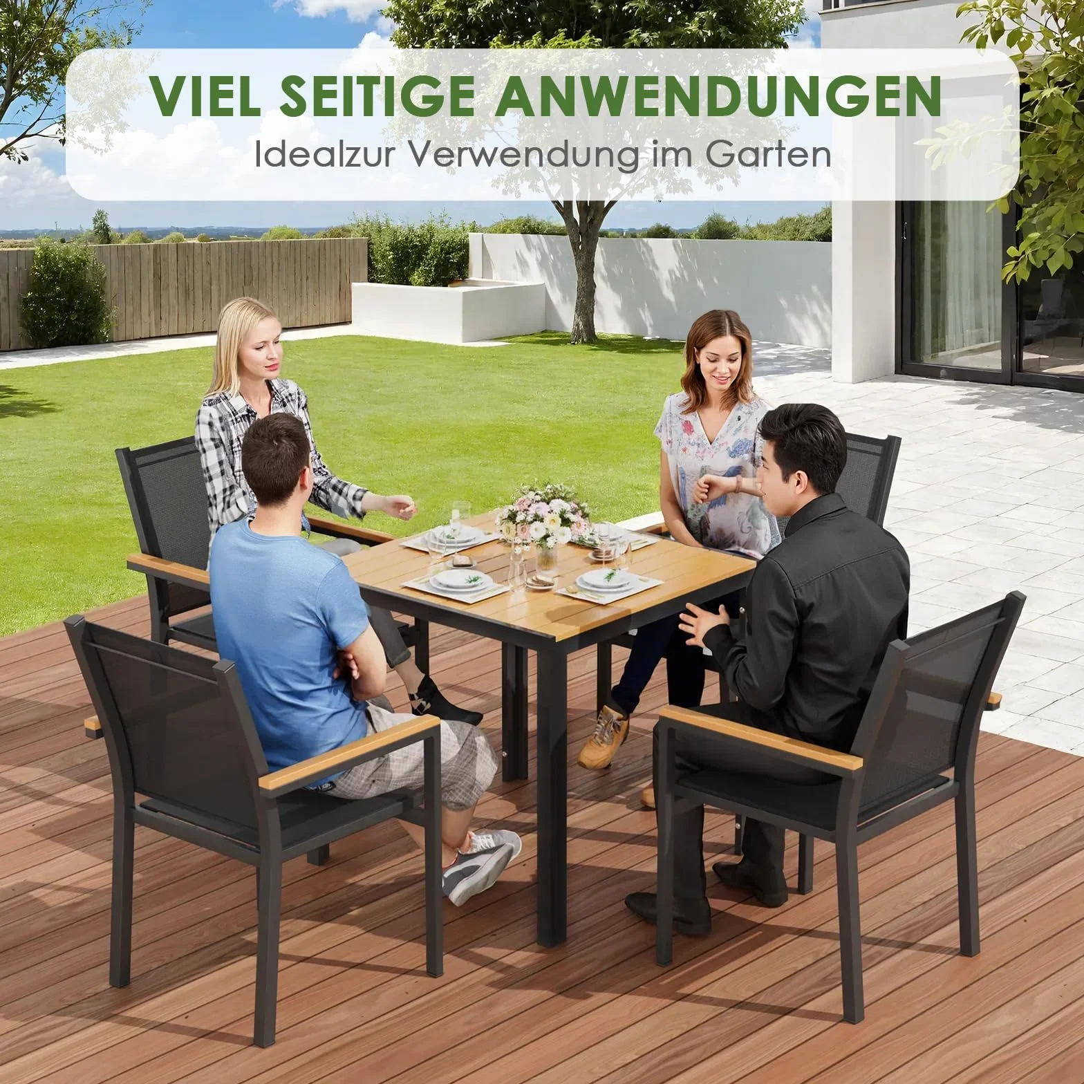 LIFERUN Table de jardin aluminium WPC 75x75 cm résistante aux intempéries Noir