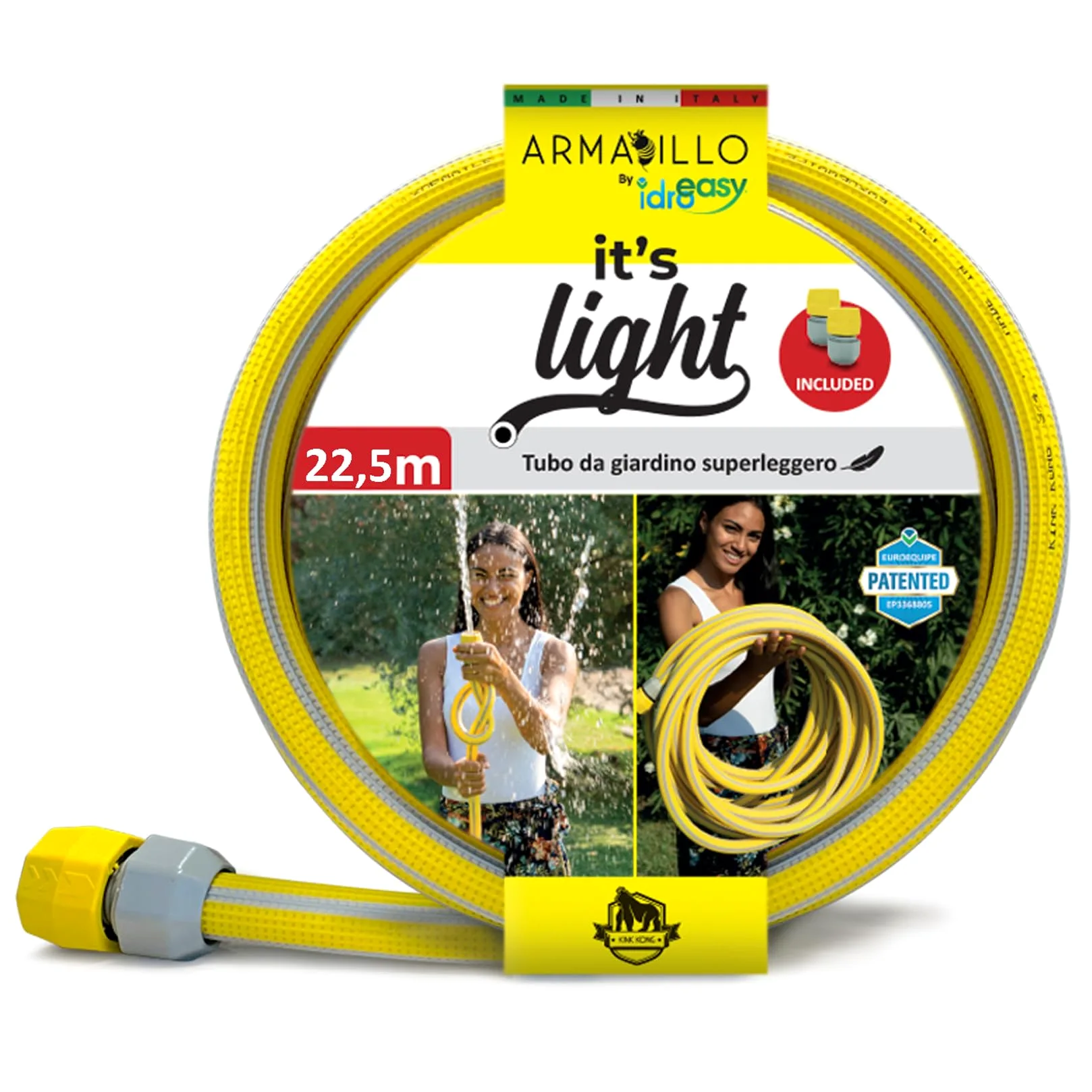 Idroeasy, Kink Kong Tuyau d'Arrosage 3/4 Pouce 22,5 Mètres Ultra-Léger, Anti-Nœud et Anti-Torsion, Non Toxique et Réparable avec 2 Raccords, Made In Italy