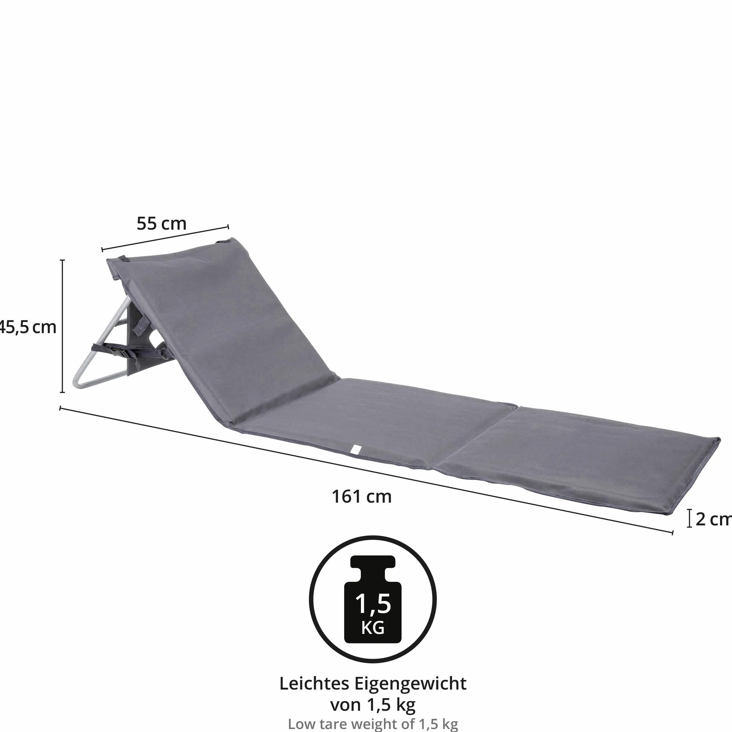 ONVAYA Tapis de plage de qualité supérieure - Rembourré - 2 cm - Avec dossier - Chaise longue de plage pliable - Matelas de plage - Tapis de soleil avec sangle de transport - 161 x 55 x 45 cm