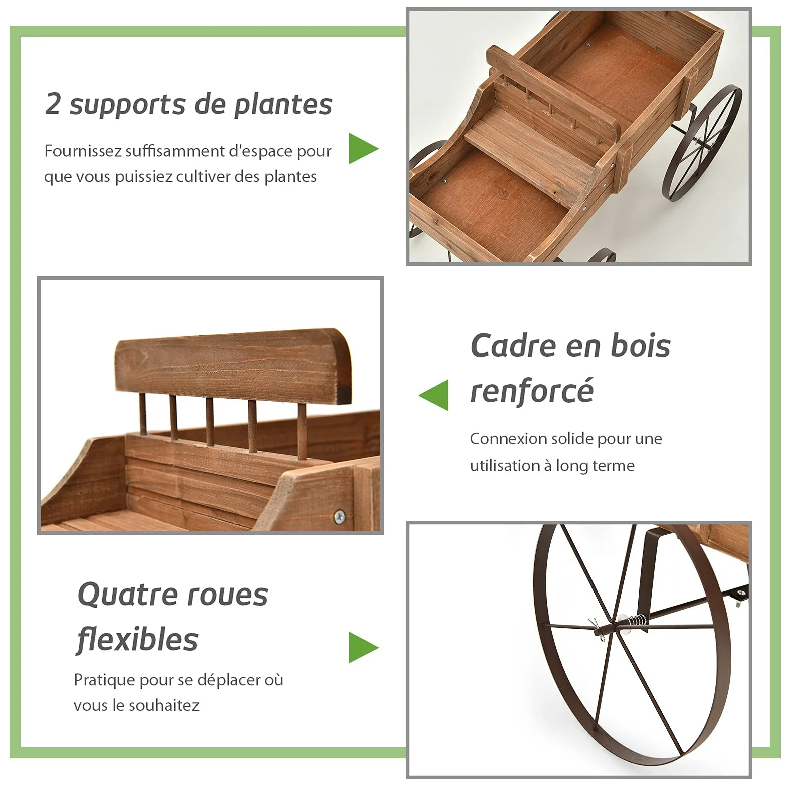RELAX4LIFE Brouette Décorative en Bois avec 4 Roues en Métal, Chariot à Fleurs avec Capacité de Charge Jusqu'à 15 kg, Bac à Fleurs pour Jardin Balcon Terrasse (Marron)