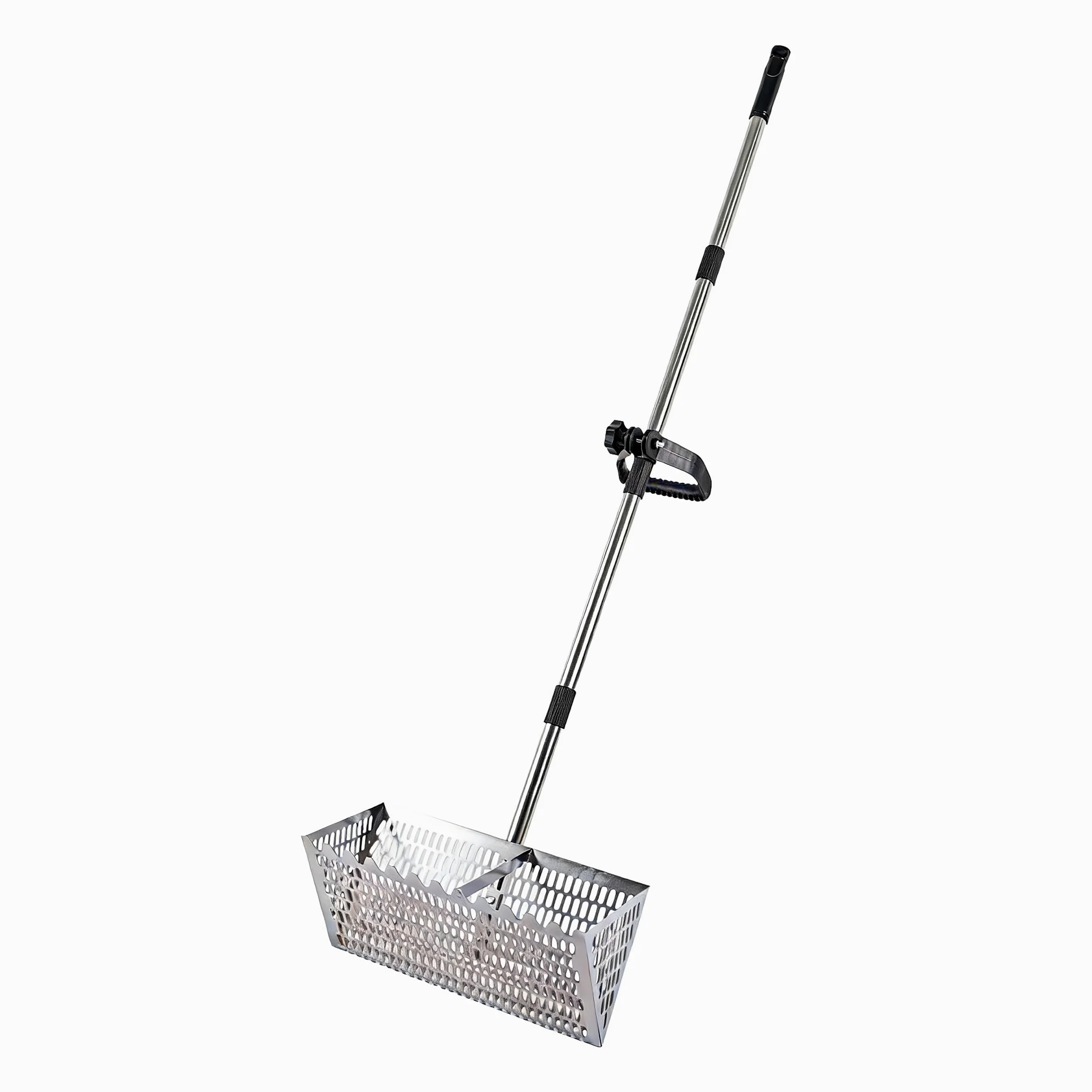 Râteau Plage Relaxdays, Tamis 40 cm, Manche 140 cm, Chasse au trésor/détecteur de métaux & pêche, INOX argenté