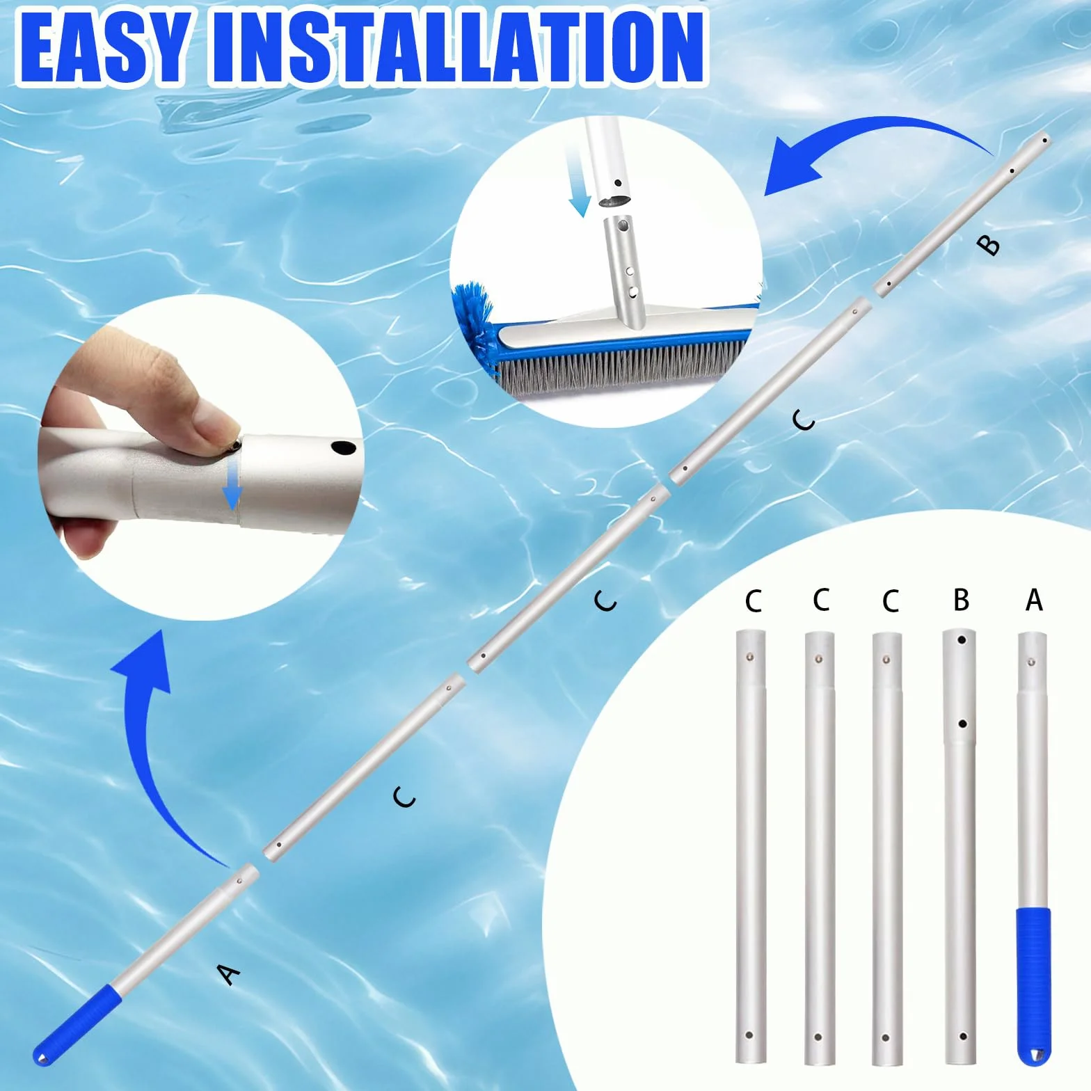 Brosse Piscine Ronde Nettoyage avec Tige Télescopique Tête Détachable Poils Robustes Fond Parois