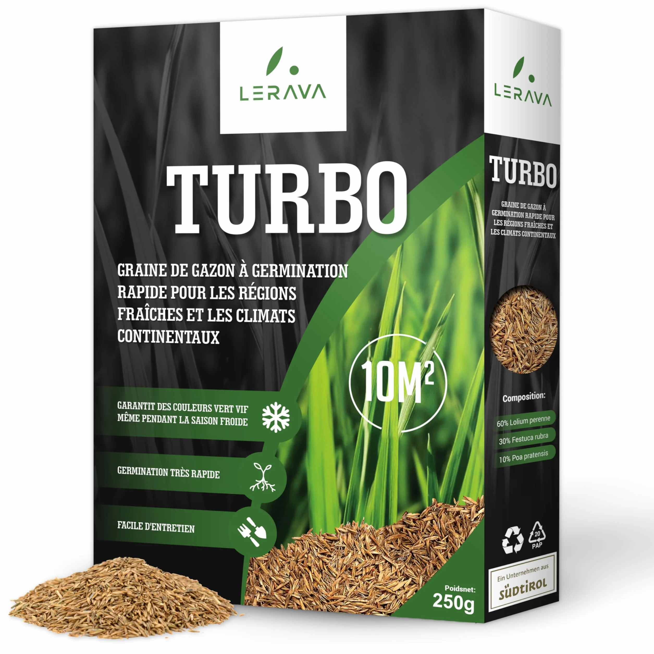 LERAVA Turbo gazon à semer pousse rapide 10m² pelouse ombre zones fraîches 98% pureté rustique vert vif semence résistante