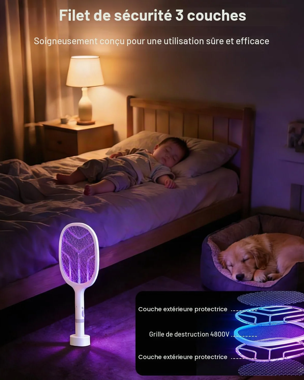 Raquette Électrique Insectes 4800V Anti Moustique 2 en 1 avec Lumière UV Rechargeable USB-C 2000mAh