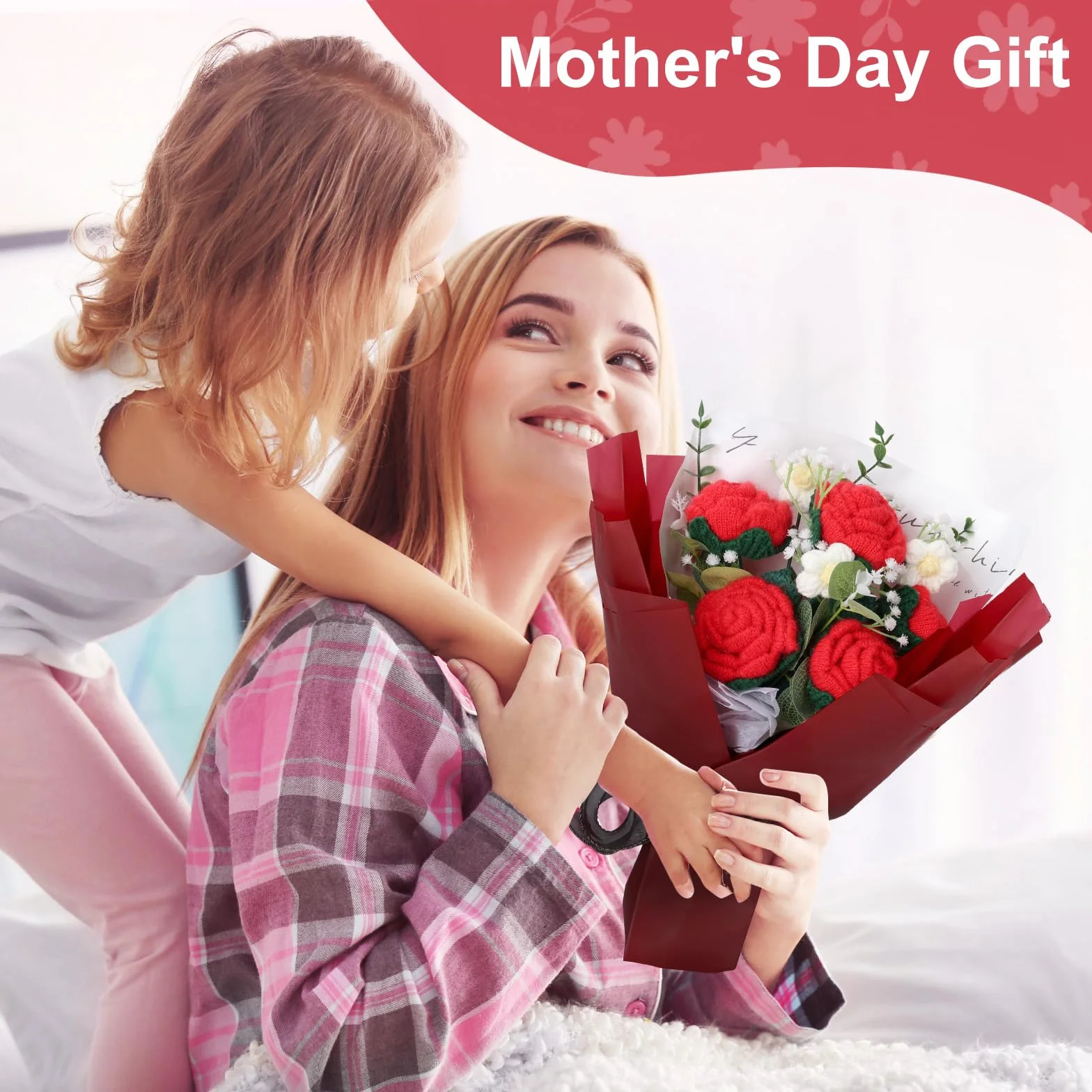 Foyucool Bouquet en Crochet Fait Main, Composition Florale Finie avec Sac Cadeau, Rose Rouge, Décoration Bureau, Idée Cadeau pour Femme