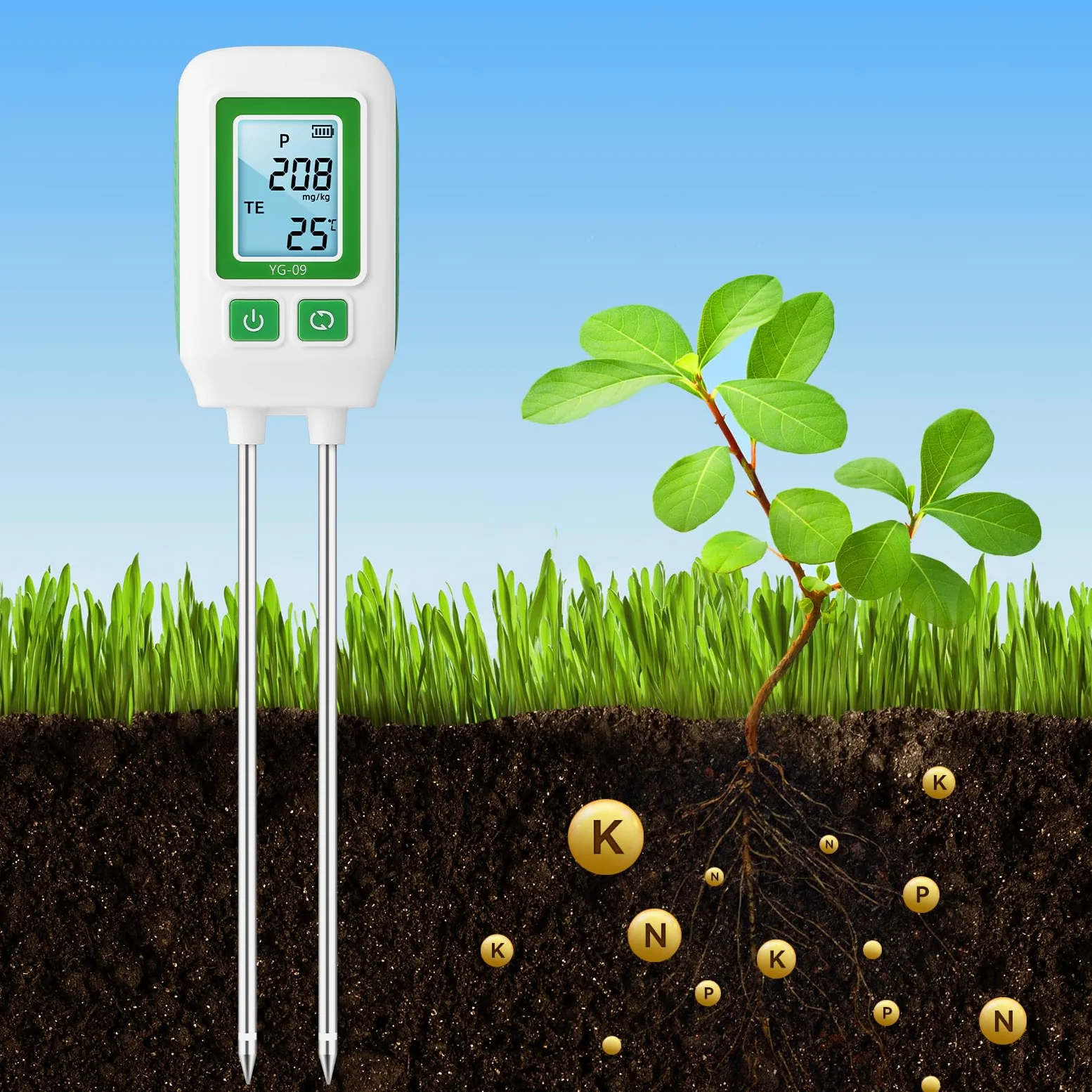 Testeur de Sol NPK 4 en 1 Température Appareil Numérique 268mm Écran LCD | Mesure Rapide Azote Phosphore Sonde Potassium Rétroéclairé Adapté Potager Pelouse Serre Détection de la Santé des Plantes