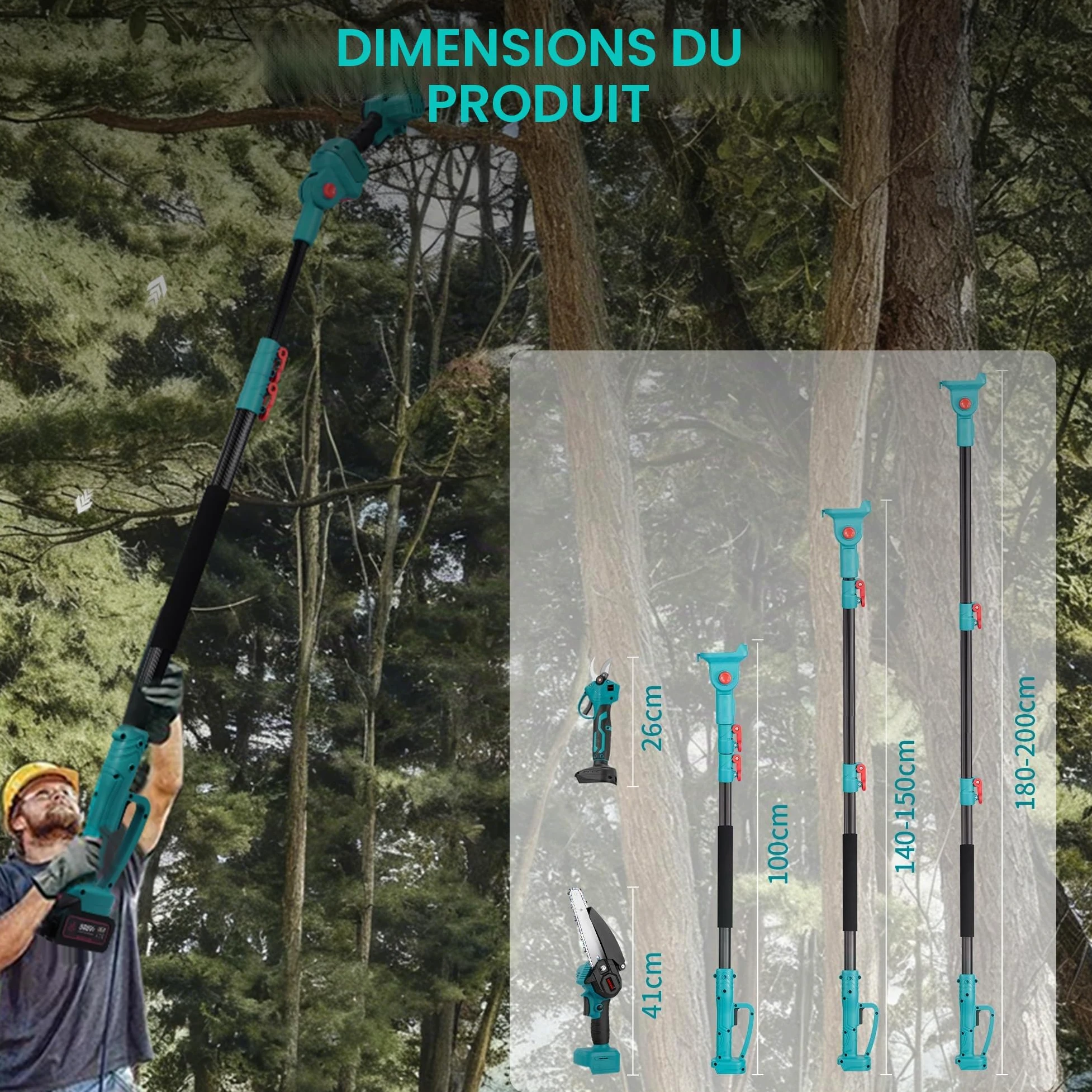 ONEVAN Élagueuse sur Perche Télescopique sans Fil 4-en-1 avec 2 Batteries | 15cm Tronçonneuse, 25mm Sécateur, 2.6m Perche, 180° Tête pivotante, Moteur Brushless, SK5-Lames, Élagage en hauteur, Jardin