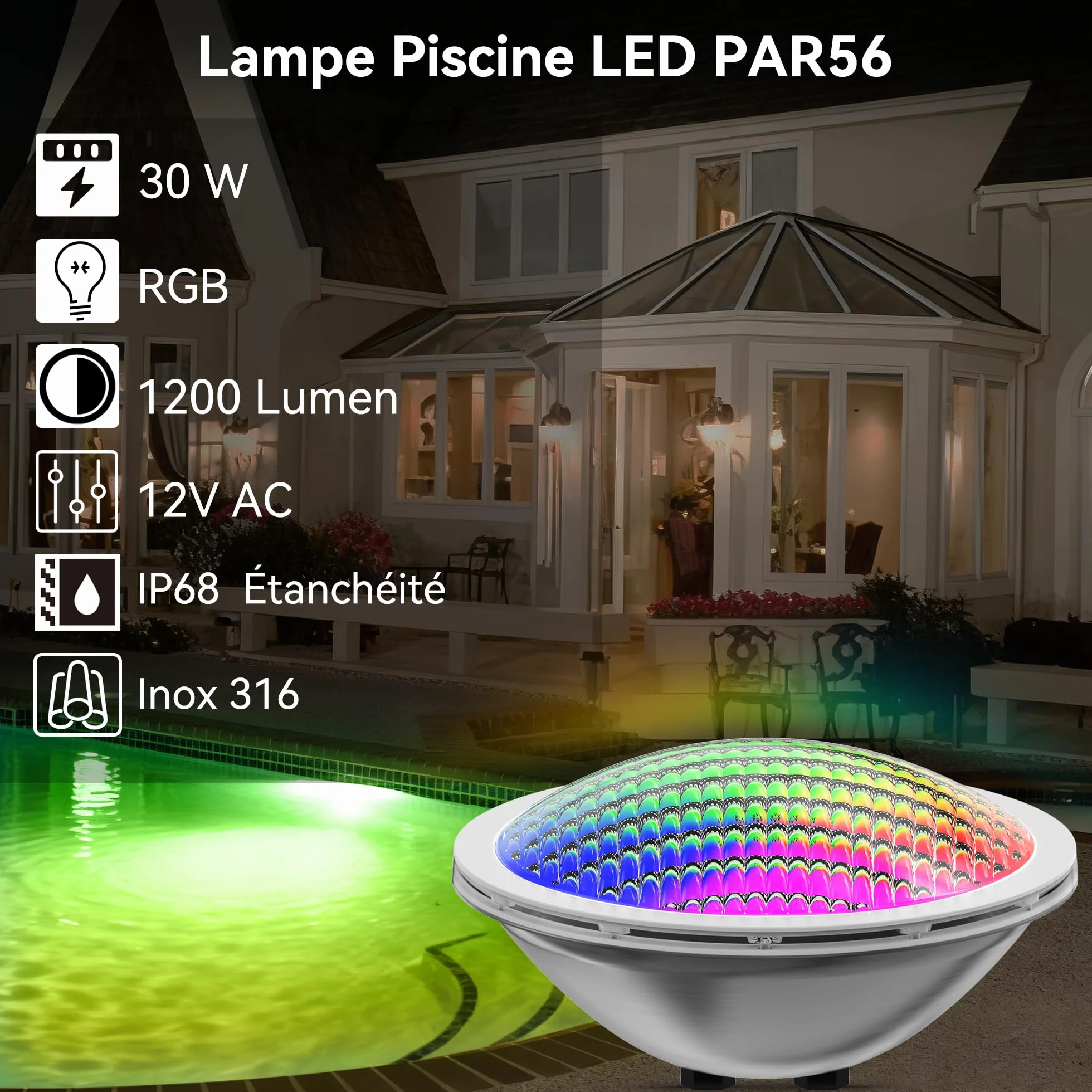 LyLmLe LED Piscine PAR56 30W Projecteur 316L Acier Inoxydable RGB Multicolore IP68 Etanche AC 12V Lot de 2