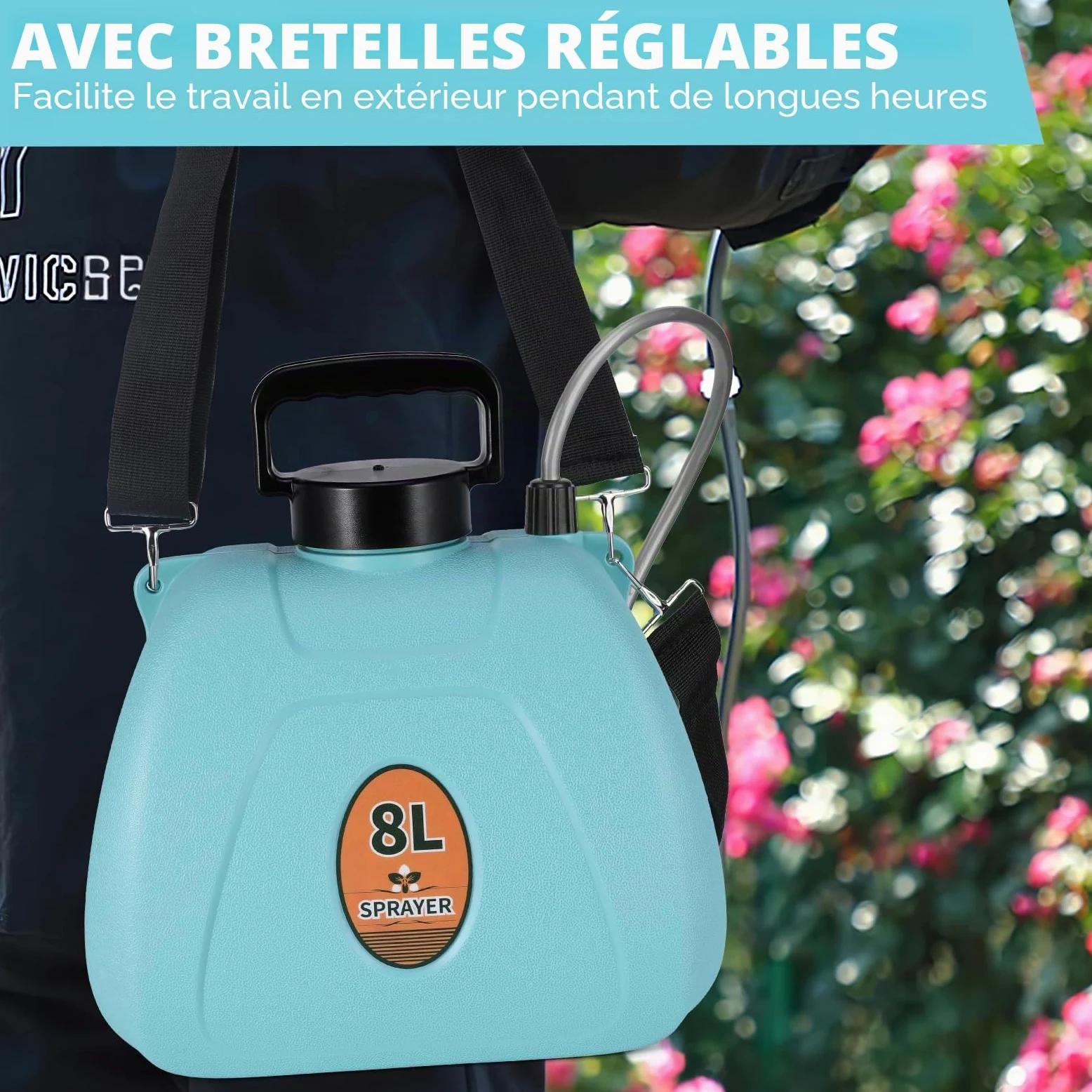 Pulvérisateur à Pression à Batterie 8L Pulvérisateur Électrique Puissant avec 3 Buses de Brume, Pulvérisateur de Jardin à Poignée Rechargeable avec Bandoulière Réglable (Bleu Clair)
