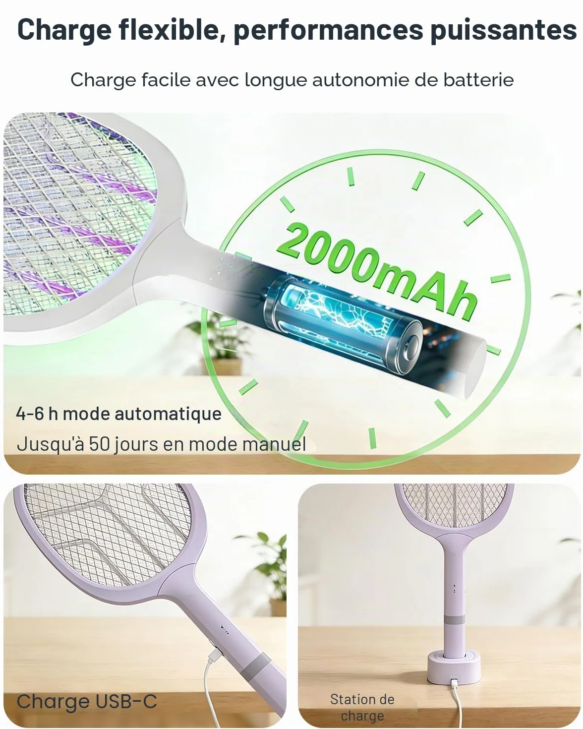 Raquette Électrique Insectes 4800V Anti Moustique 2 en 1 avec Lumière UV Rechargeable USB-C 2000mAh