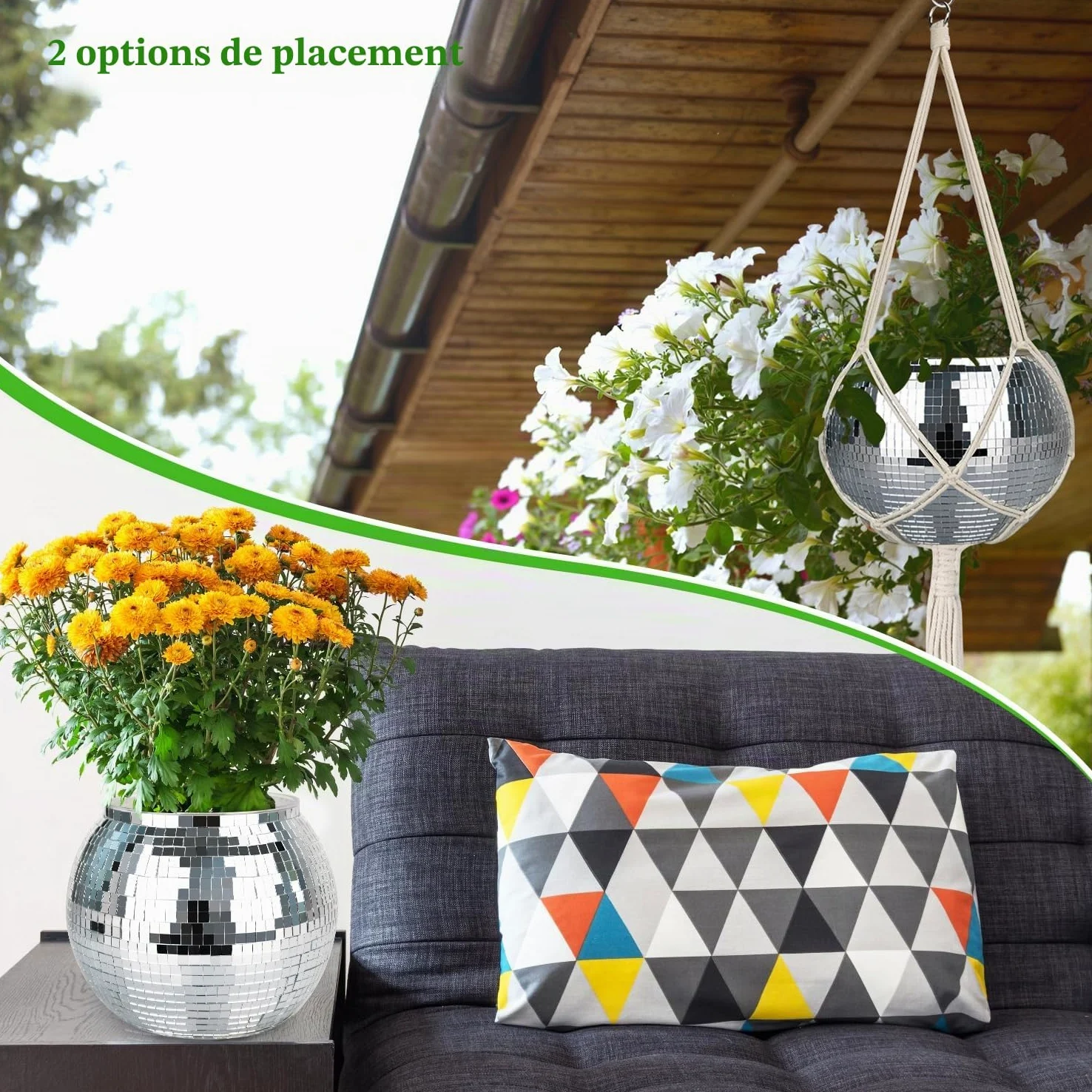 Pot de fleurs boule disco argenté de 22,9 cm avec corde de suspension, crochet | Pour la décoration