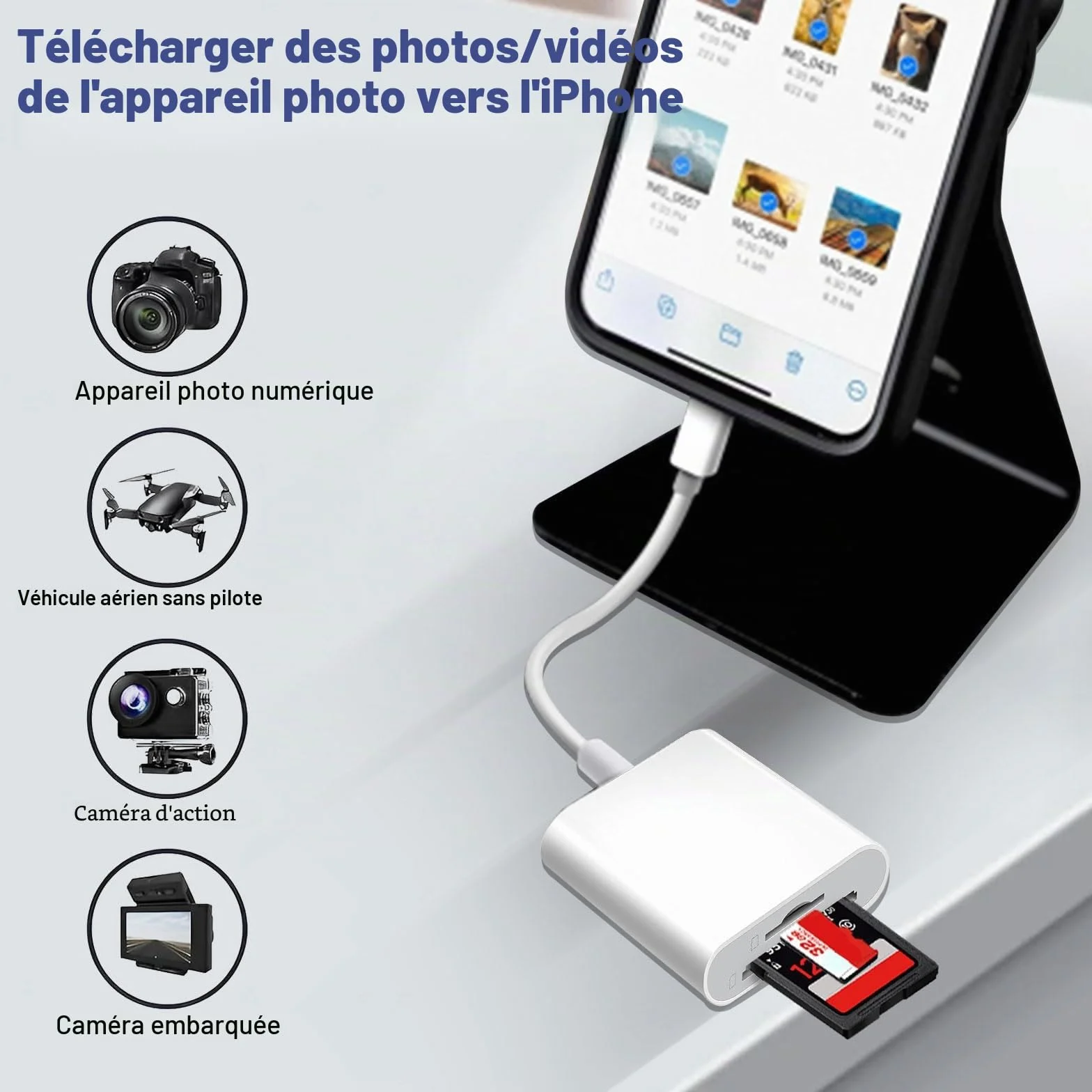 Lecteur de Carte SD pour iPhone iPad, Lightning Adaptateur SD Micro SD