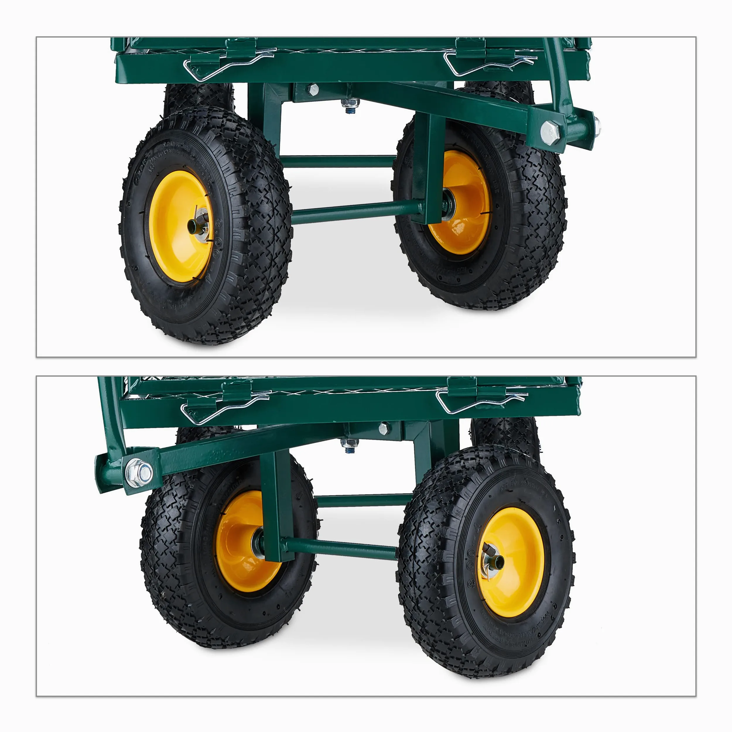 Relaxdays Chariot de Jardin Pratique, Roues pneumatiques, Parties latérales Pliables, Charge Max. 200 kg, Vert/Jaune