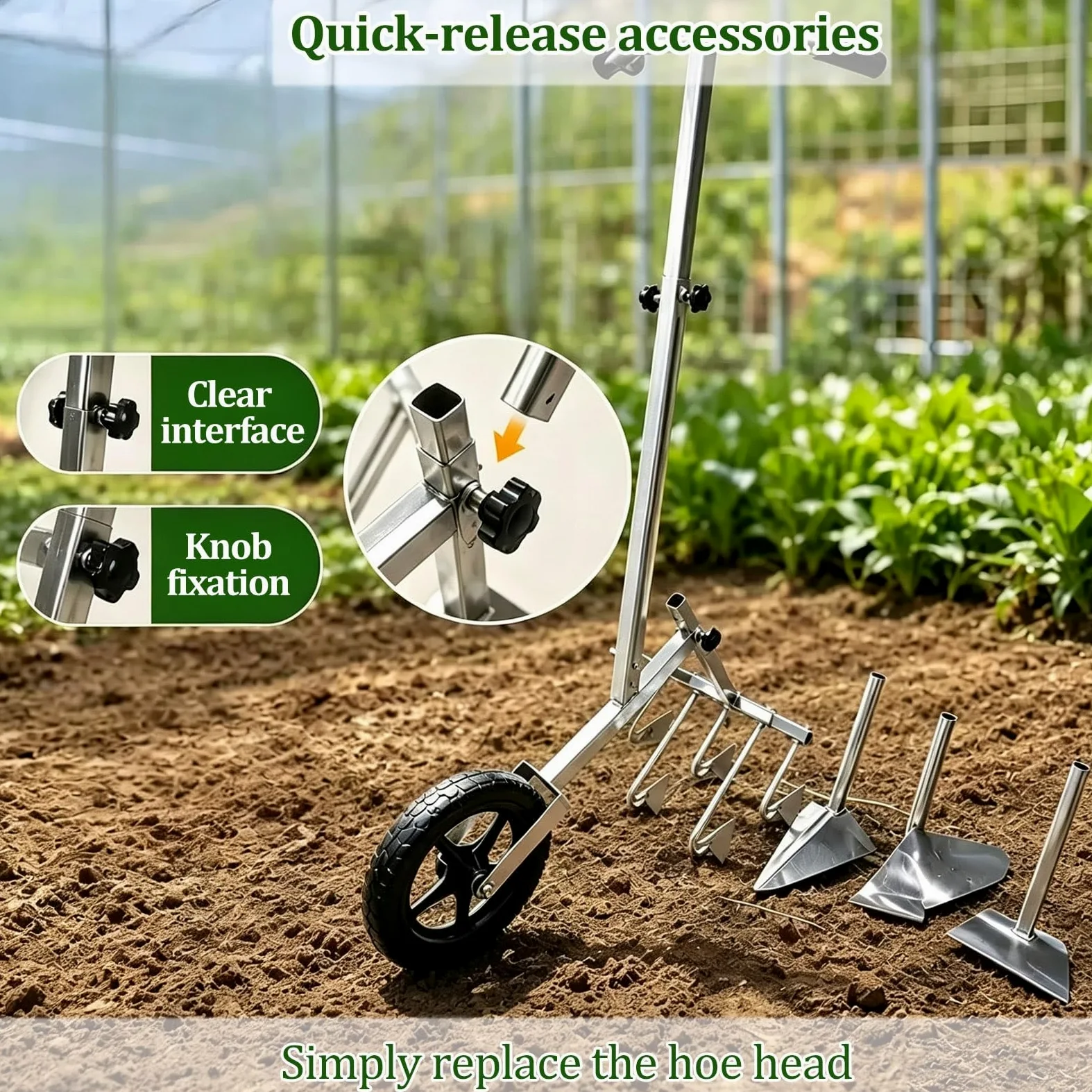 Binette de Jardin roulante Manuelle, cultivateur Rotatif à Main | Manche long réglable, outil de jardin en acier galvanisé pour ameublir, creuser des sillons et butter la terre(B)
