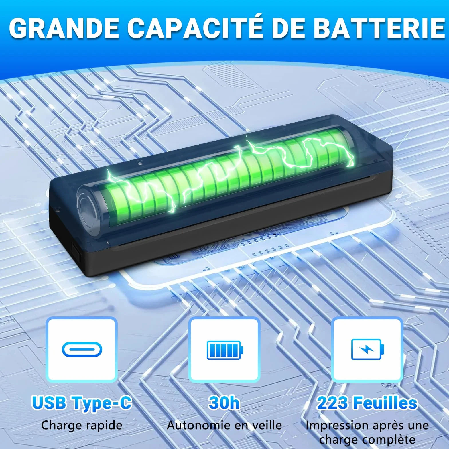Imprimante Thermique A4 sans Fil Bluetooth Portable pour Voyage Compatible iOS Android Noir