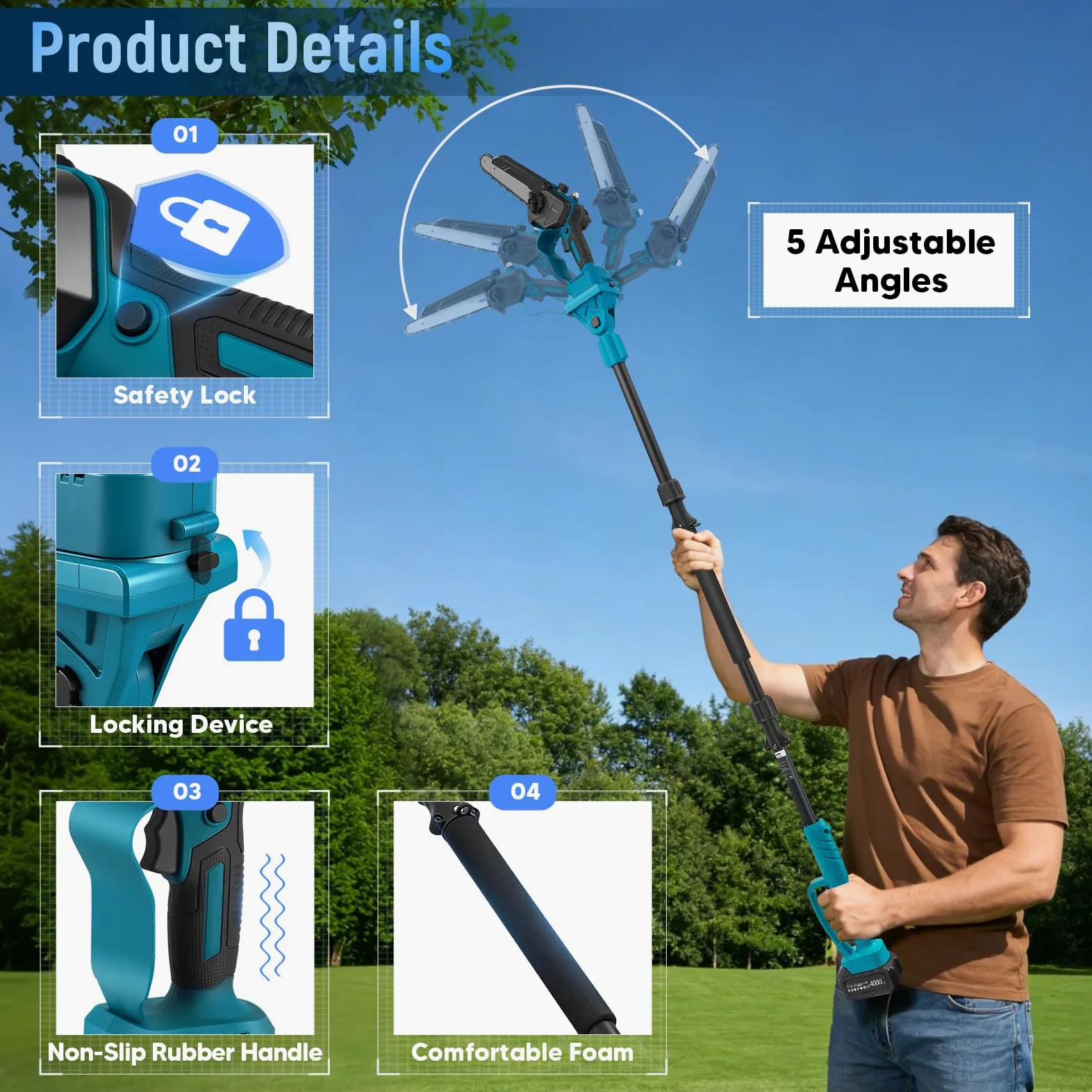 Élagueuse sur perche sans fil 4 en 1, mini tronçonneuse sans balais 6 et 8 pouces avec 2 batteries de 4000 mAh, portée de 4,6 m, outil de jardinage pour l'élagage et la coupe de branches