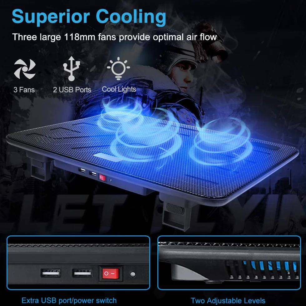 TeckNet Support Ventilé Ordinateur Portable 12-17 Pouces 3 Ventilateurs 118mm Silencieux 2 Ports USB