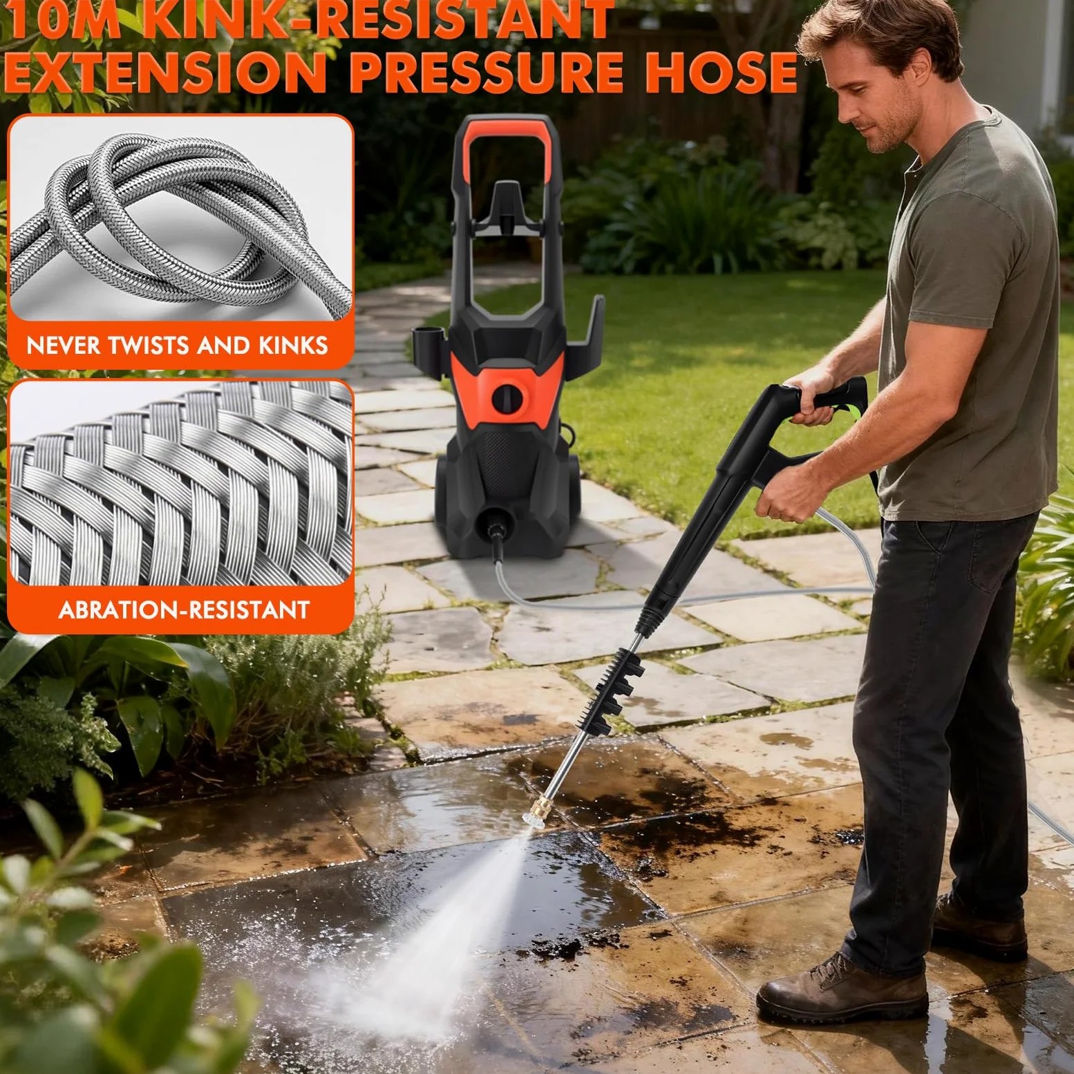 KAOLALI Nettoyeur Haute Pression électrique, 3000 W, Débit 336 L/h | Tuyau Haute Pression de 10m, avec 4 Buses, Lance à Mousse, pour Surfaces Extérieures et Autos