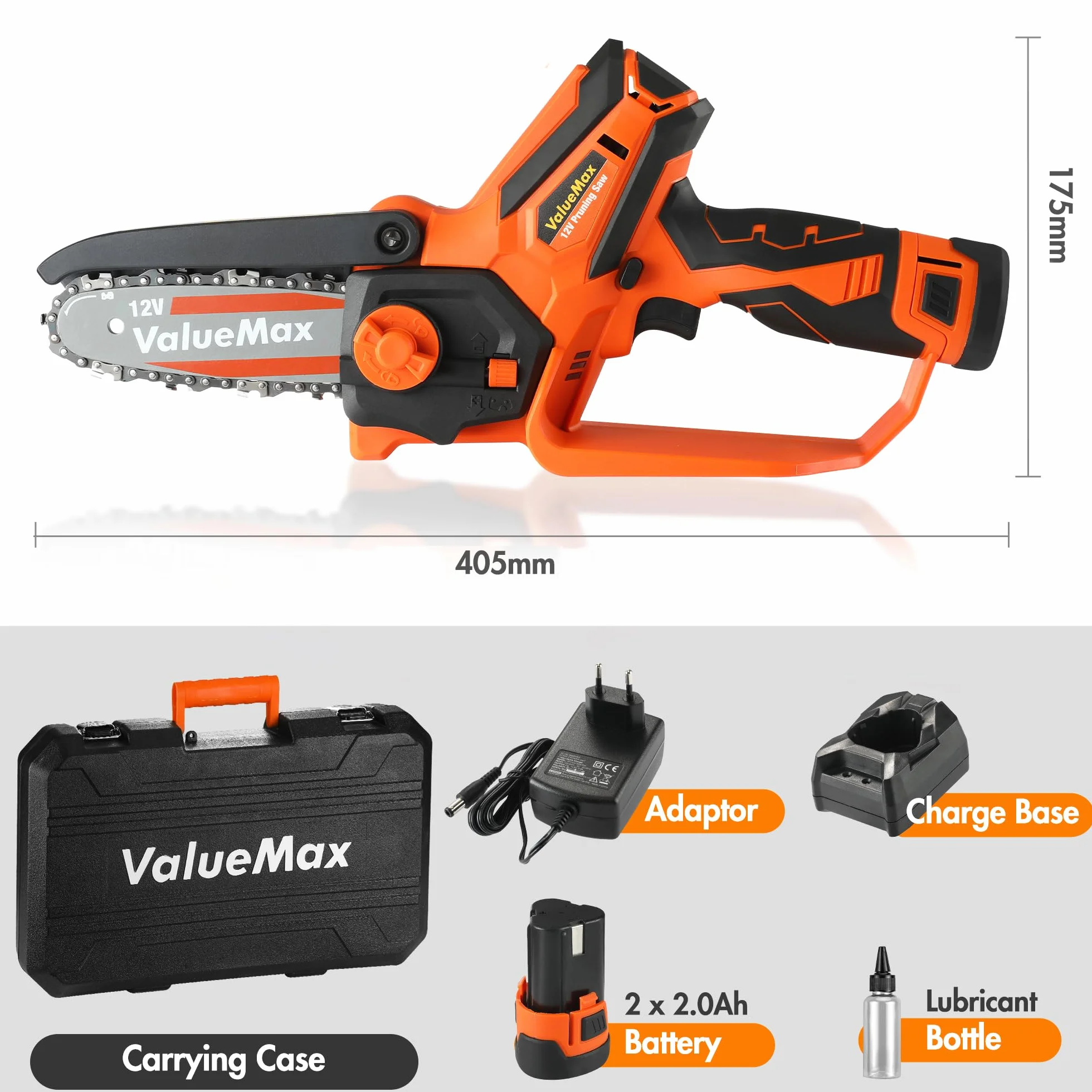 ValueMax Mini Tronconneuse a Batterie 4 Pouces | 12V Tronçonneuse Électrique Sans Fil Portable et 2 * 2000mAh Batteries pour les Branches d'arbres, l'élagage le Jardin