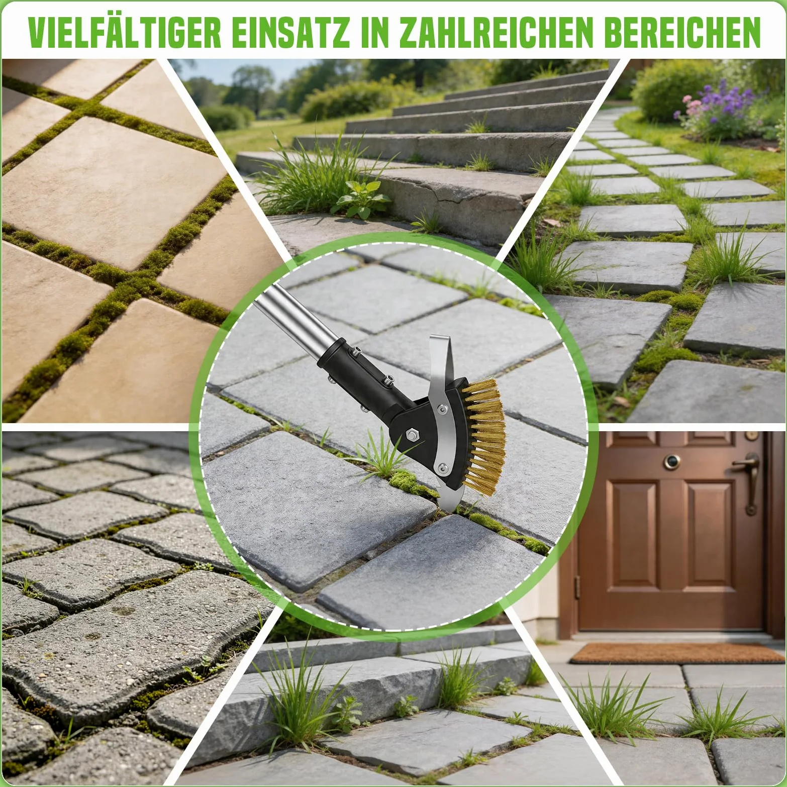 Hysagtek Grattoir à joints de jardin - Brosse à joints 3 en 1 - 150 cm - Réglable - Avec manche - Nettoyeur de joints avec brosse en mousse et 2 grattoirs en acier inoxydable - Pour escaliers