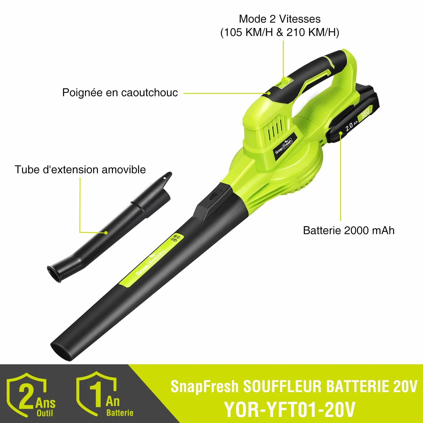 SnapFresh Souffleur Batterie 20V Léger 1,2 kg - Souffleurs de Feuilles sans Fil 210 km/h 240m³/h, 2 Vitesses, avec Batterie et Chargeur - pour Terrasses, Garages, Entrées et Jardins Domestiques (Vert)