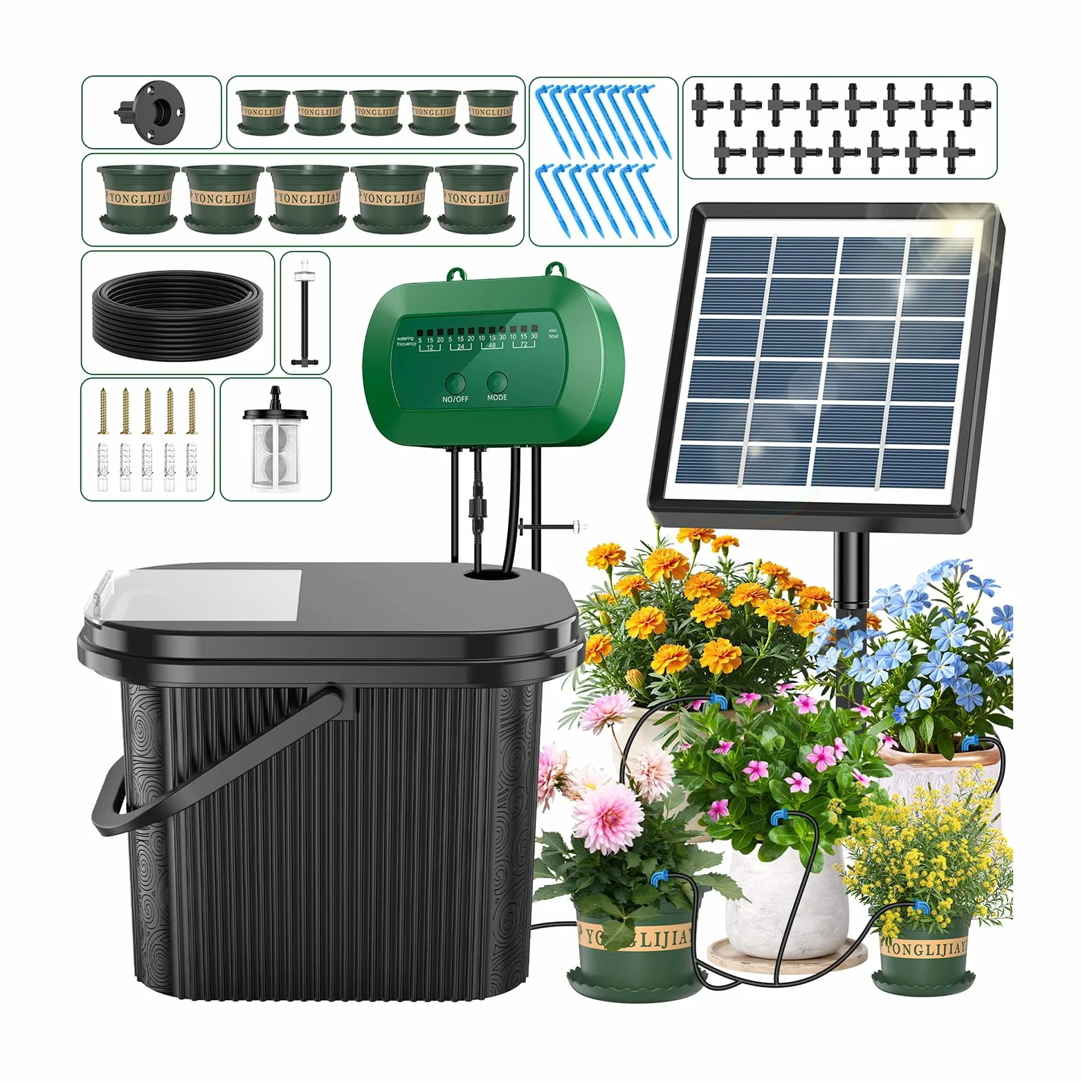 Kit d'Arrosage Automatique Solaire, Système Goutte à Goutte 15m | Avec Tuyau, Seau et 10 Pots de Fleurs, Programmateur Automatique pour Vacances, Balcon et Plantes en Pot
