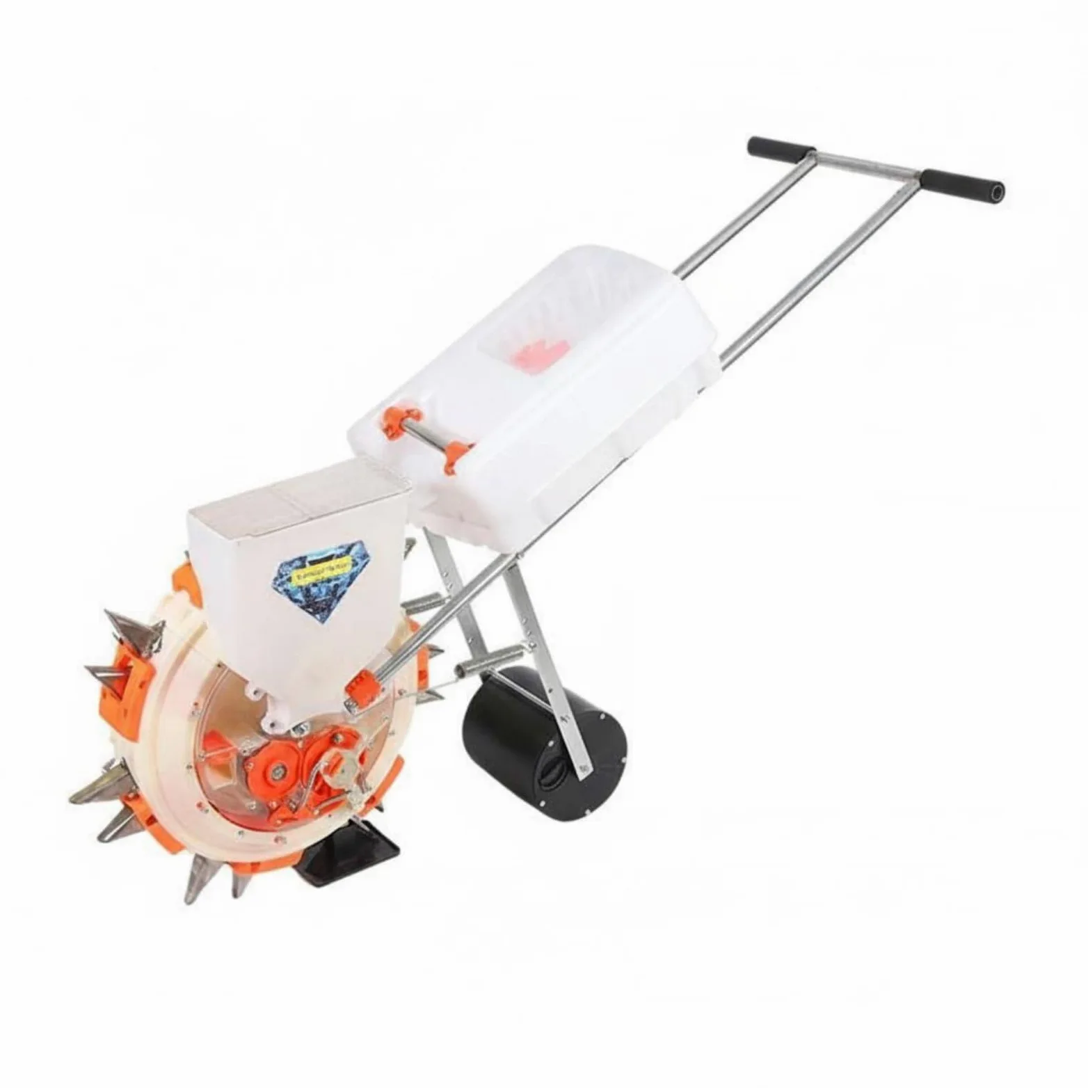 Handheld Seeder Semoir Planteur Épandeur Manuel à Poussée avec Roue Tasseuse Acier Inoxydable et Plastique Semis Régulier et Fertilisation Contrôlée, L 28CM, 6-Buse