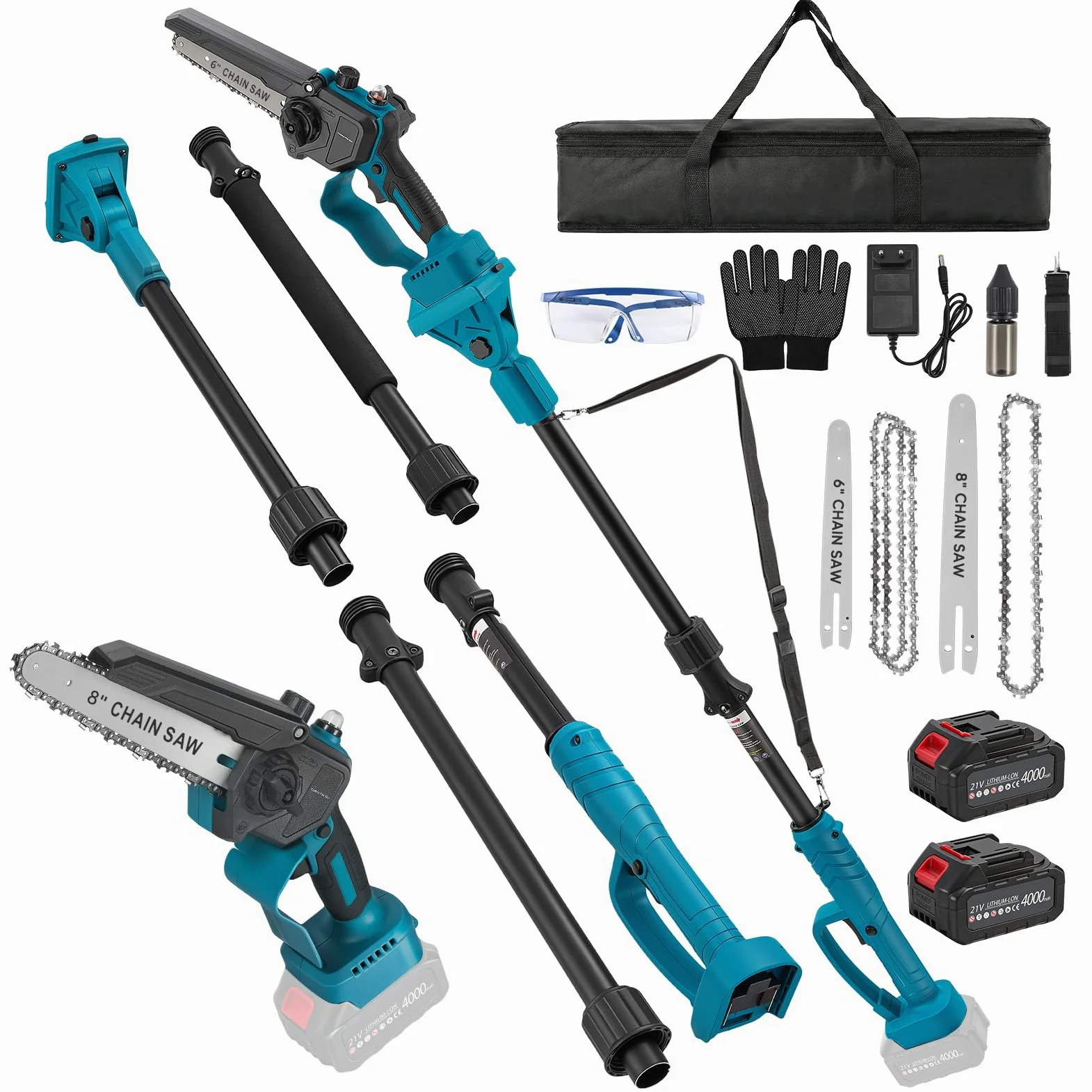 Élagueuse sur perche sans fil 4 en 1, mini tronçonneuse sans balais 6 et 8 pouces avec 2 batteries de 4000 mAh, portée de 4,6 m, outil de jardinage pour l'élagage et la coupe de branches