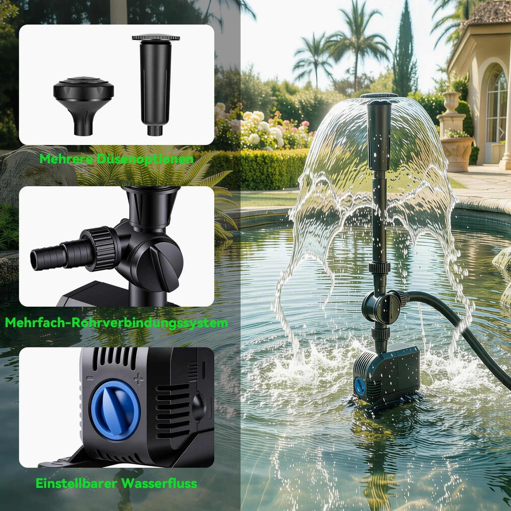 Pompe de Fontaine de Jardin 2500L/h 45W, Pompe de Bassin Submersible 2 en 1 avec Filtre et Buses Réglables, Anti-Rouille pour Extérieur