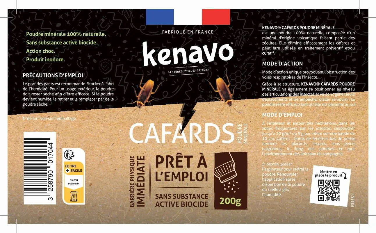 Poudre Minérale Anti-Cafards 200g KENAVO Élimine cafards et blattes Effet choc Fabrication française