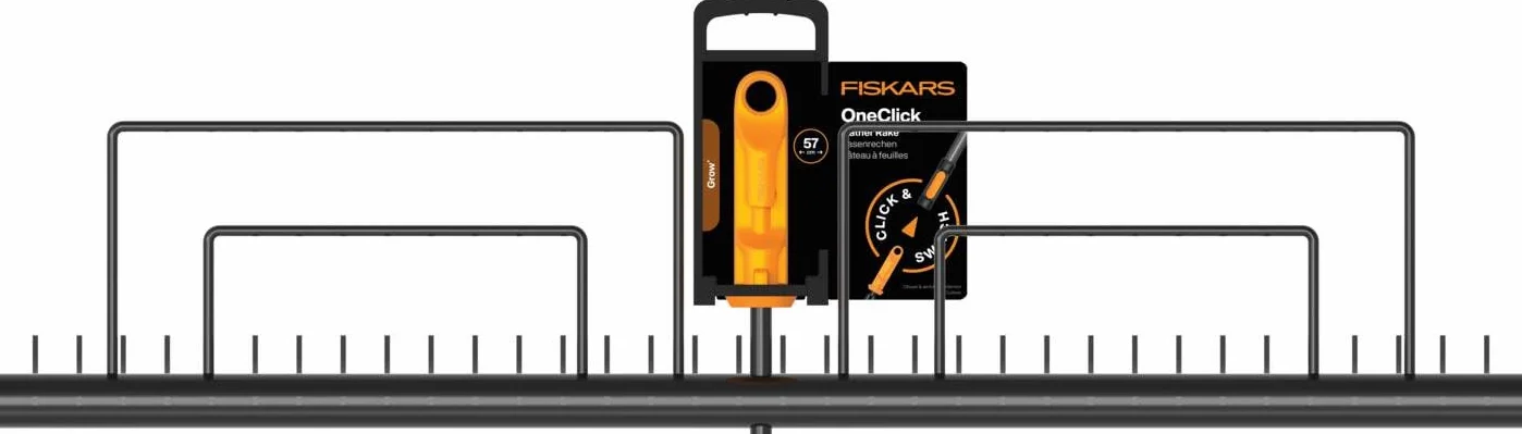 Fiskars OneClick Râteau à Gazon | Changement Facile en Un Clic, Acier Trempé, Noir/Orange, 1080680