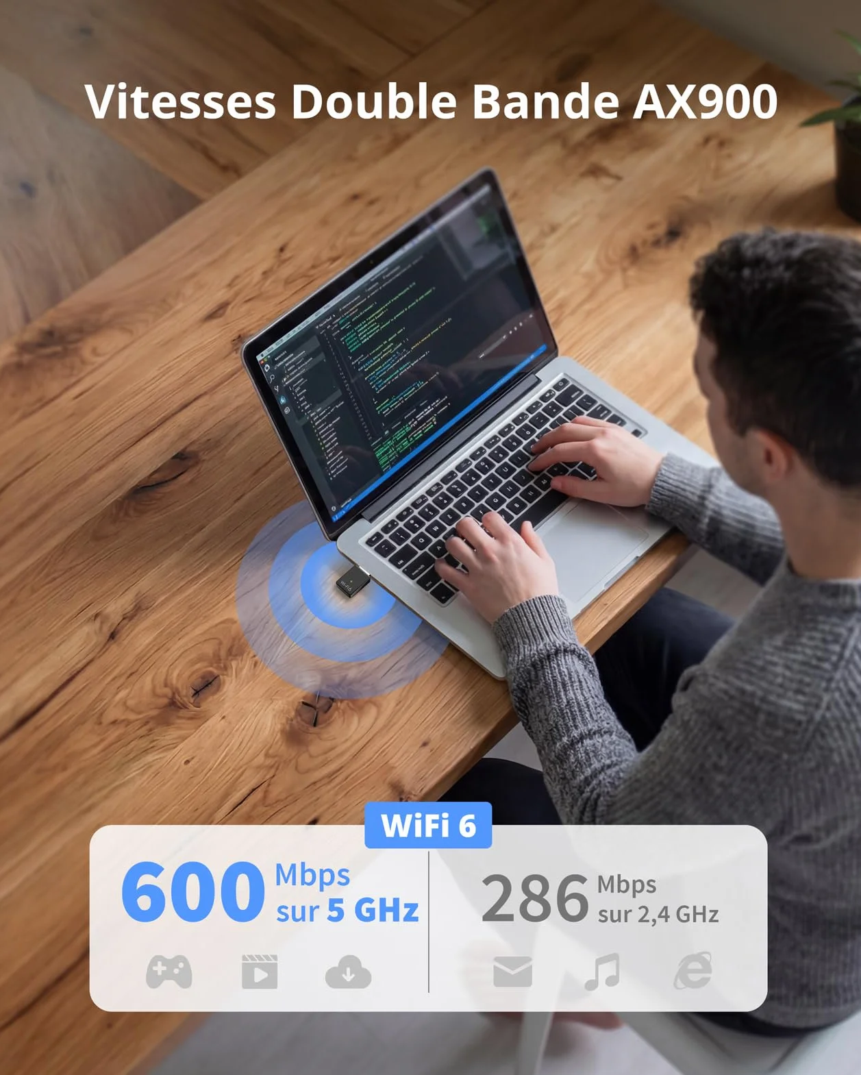 BrosTrend AX900 Mini Clé WiFi Linux USB Dongle Wi-Fi 6 Double Bande 5GHz 600Mbps 2.4GHz 286Mbps USB 2.0