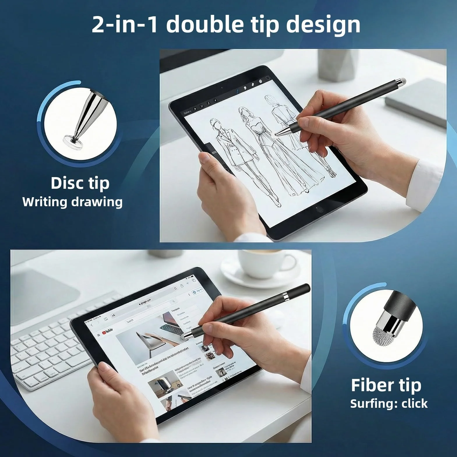 Lot de 2 stylets universels 2 en 1 pour tablette écran tactile, compatible iPad, Samsung, Huawei, blanc/noir