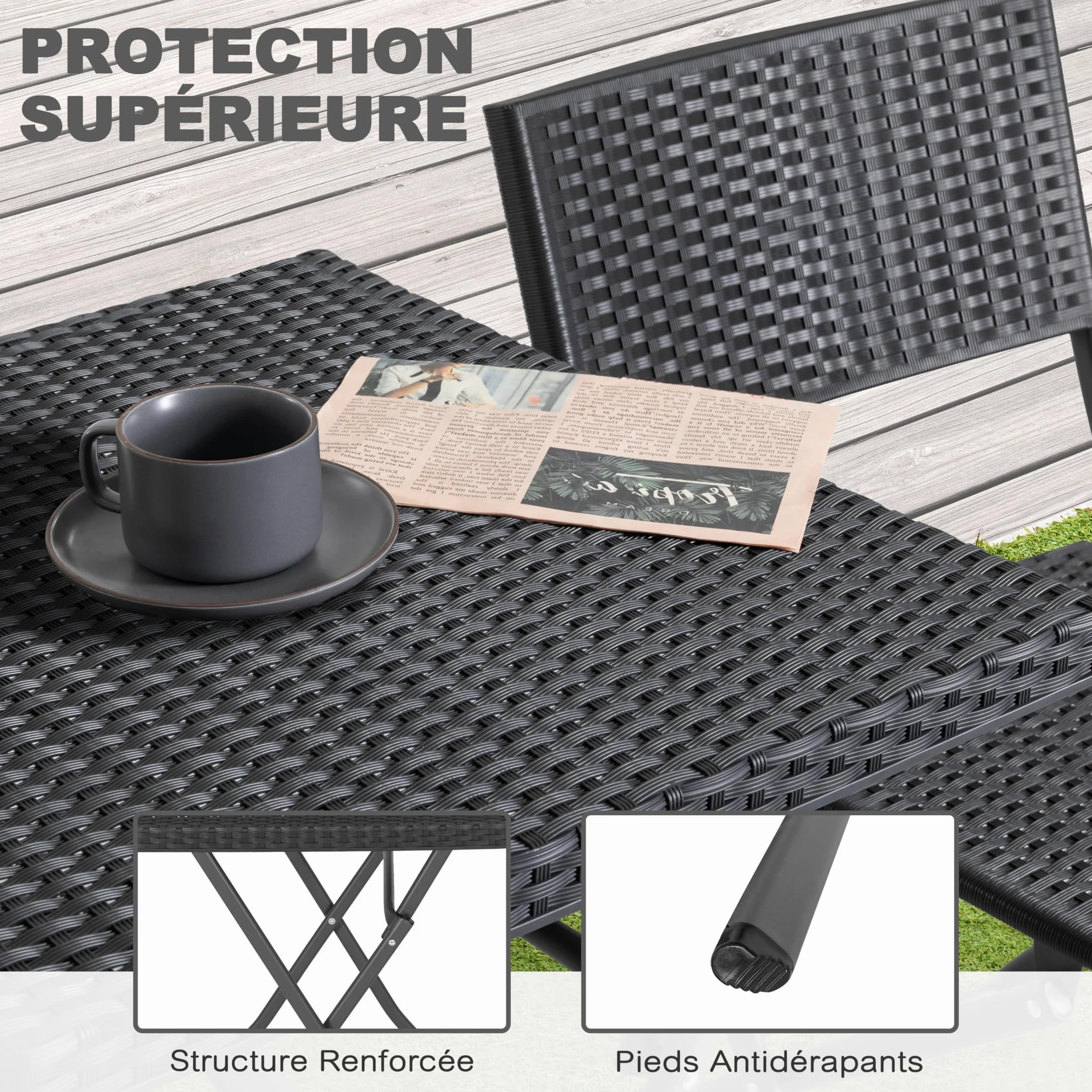 Avestar Ensemble de Bistrot Pliable 3 Pièces Table & 2 Chaises en Rotin PP, Résistant aux Intempéries, Noir