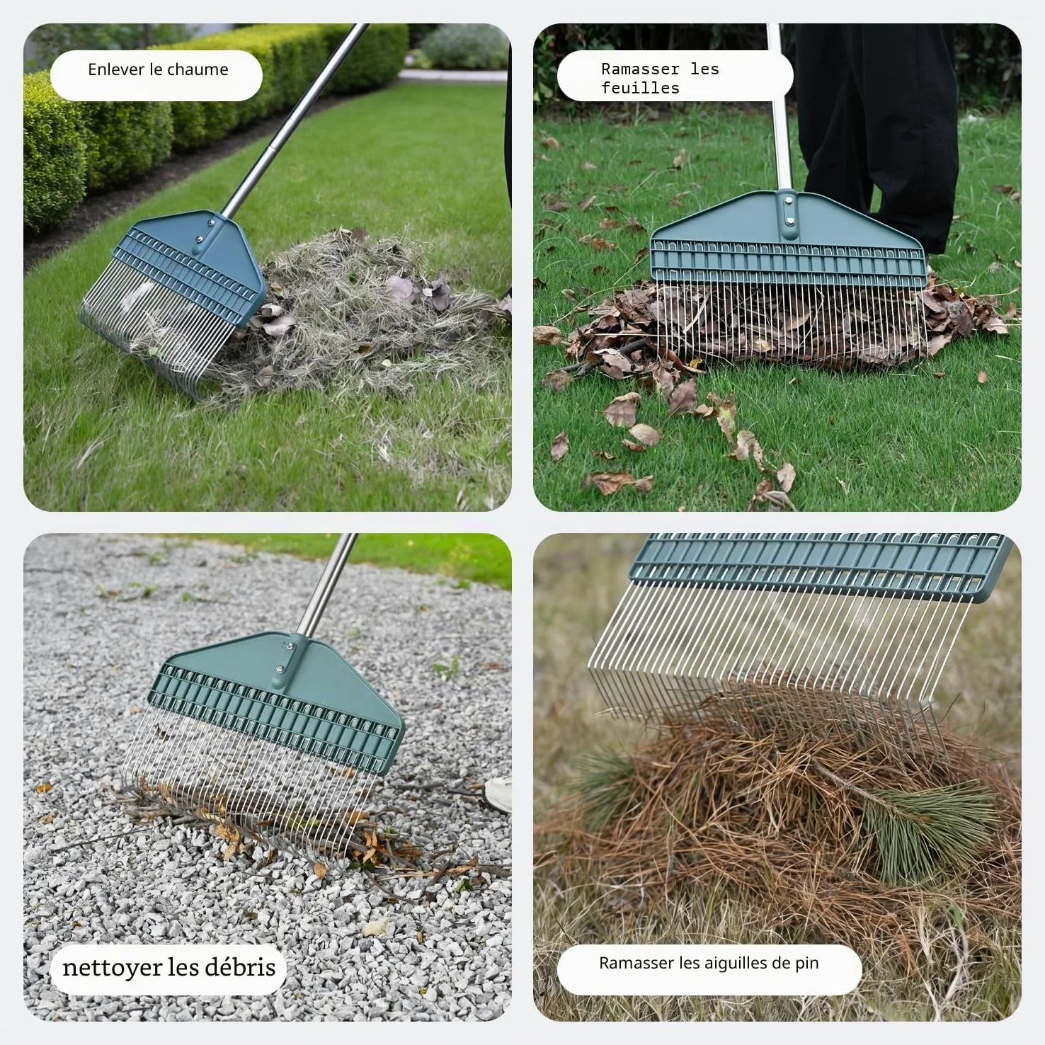 YEELOR Râteau à gazon, râteau pour feuilles, râteau de jardin avec tête de 43,2 cm – Poignée en acier inoxydable de 167,6 cm pour cour, pelouse, arbuste, parterres de jardin, poulailler