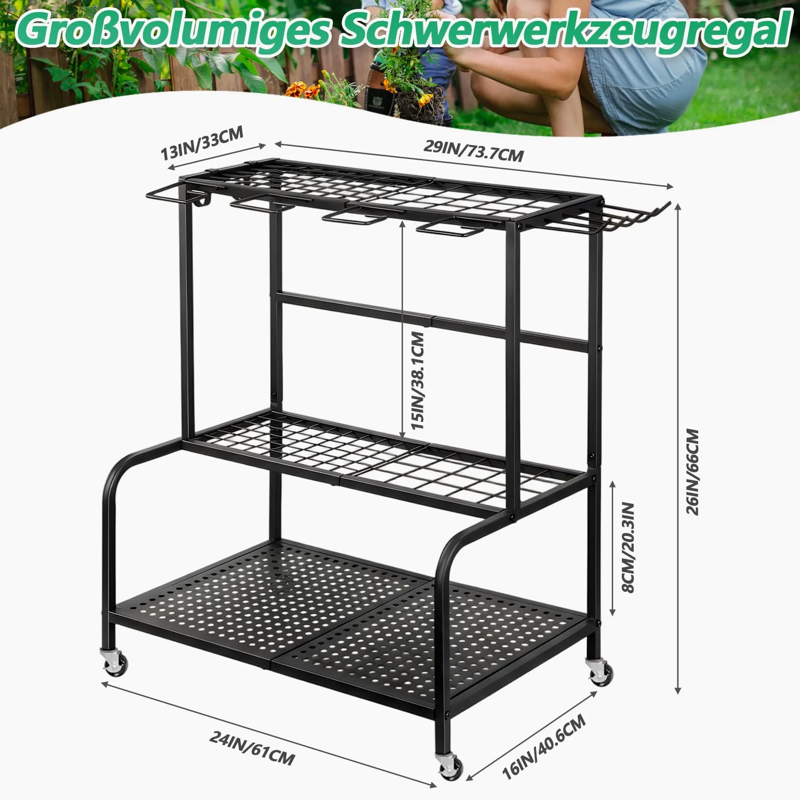 Support pour outils de jardin - 61 x 41 x 66 cm - Organiseur avec 78 compartiments de rangement | 11 crochets et roues pivotantes à 360°, étagère de rangement pour outils de jardin, en métal, noir