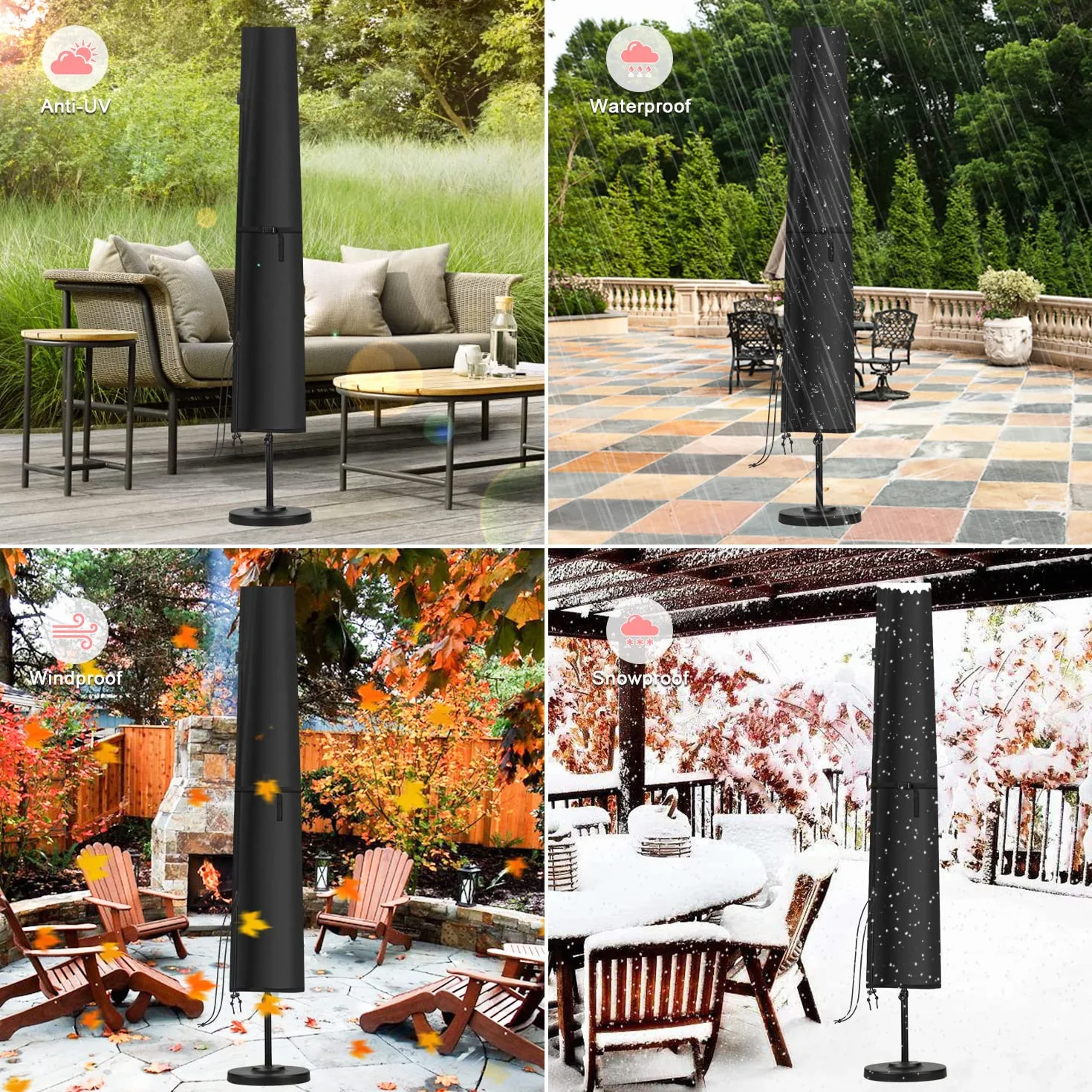 Housse de parasol de jardin imperméable 190x30/50cm anti-UV coupe-vent parasol 2-3 m
