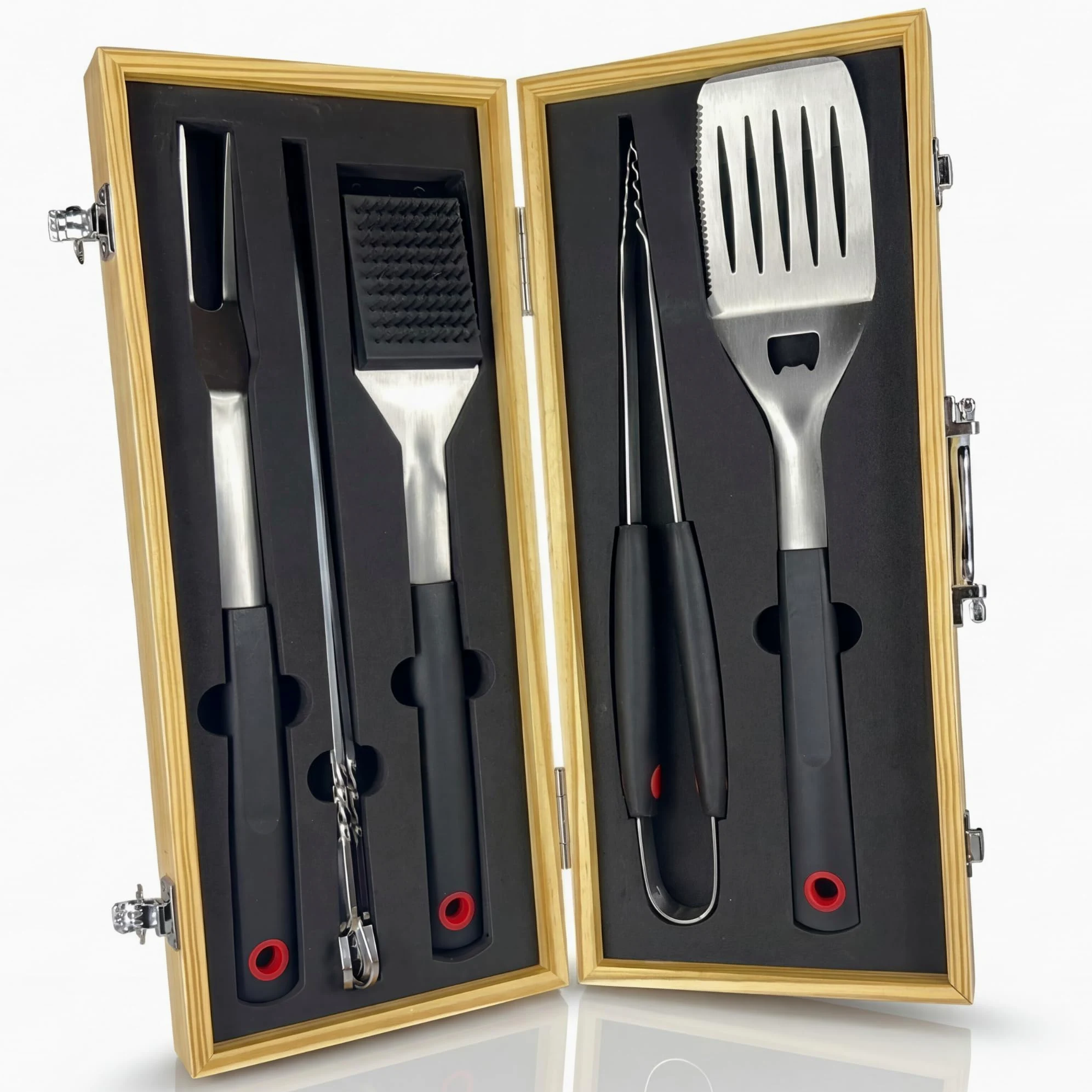 Coffret Barbecue Homme - ustensiles Barbecue INOX dans Une Valise en Bois | Spatule 3-en-1 avec décapsuleur & lame, outils barbecue, cadeau fête des pères & Noël