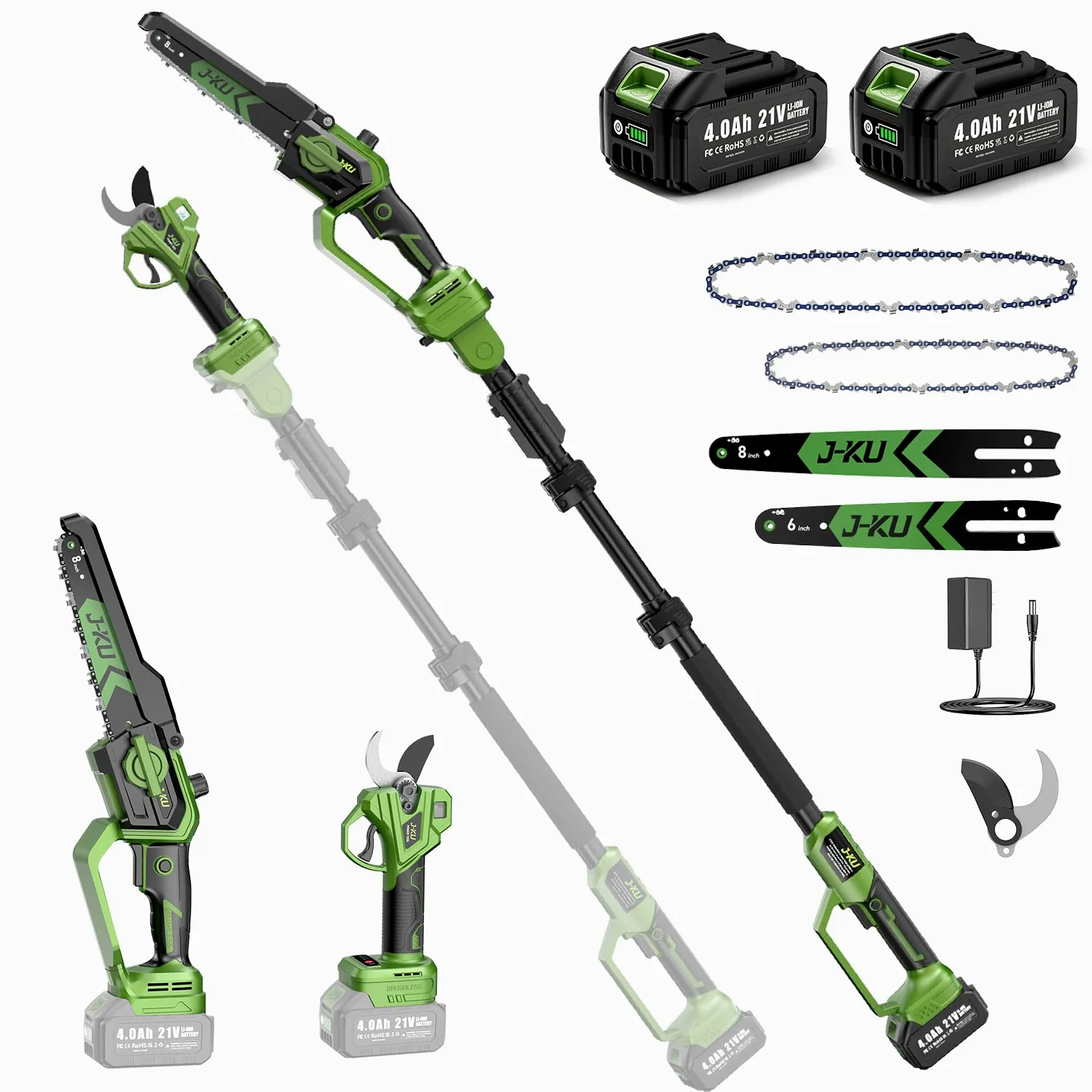 J-KU Élagueuse sur Perche 4 en 1 sans Fil avec Batterie, Mini Tronçonneuse 20 cm (8 Pouces) & Sécateur Électrique 35 mm, Perche Télescopique 2,6 m, 2×4000 mAh, Outils de Jardin