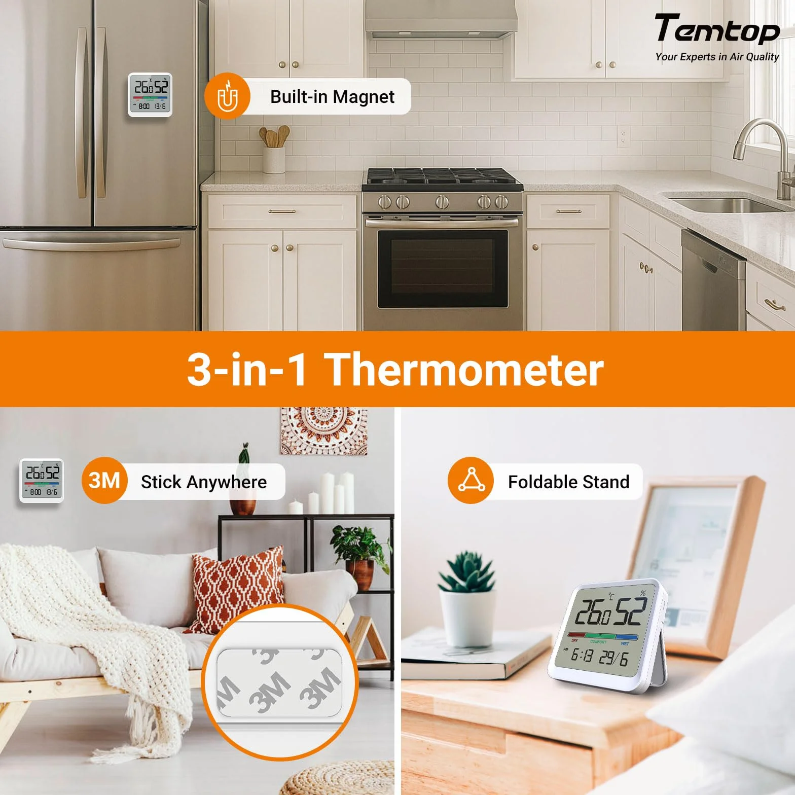 Temtop Thermomètre Hygromètre d'Intérieur Numérique T1-SE - Moniteur Température Humidité avec Affichage Heure Date Haute Précision